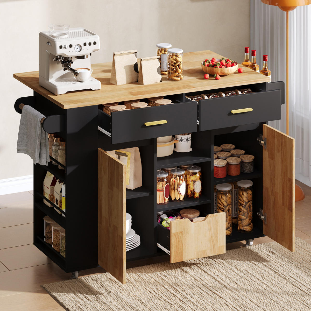 KÜCHENINSEL DE-41417 120/45-71/90 cm, klappbare Arbeitsplatte, Gewürzregal Schwarz - Schwarz, Holzwerkstoff (120/90/71cm) - ComfortXL
