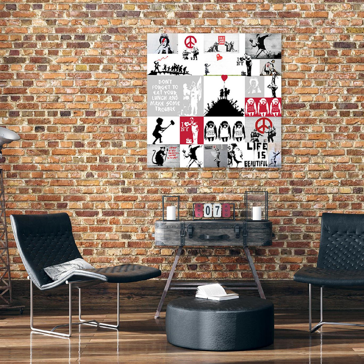 WANDBILD banksy street art graffiti collage - Grau, Textil (30/30cm) - Feeby