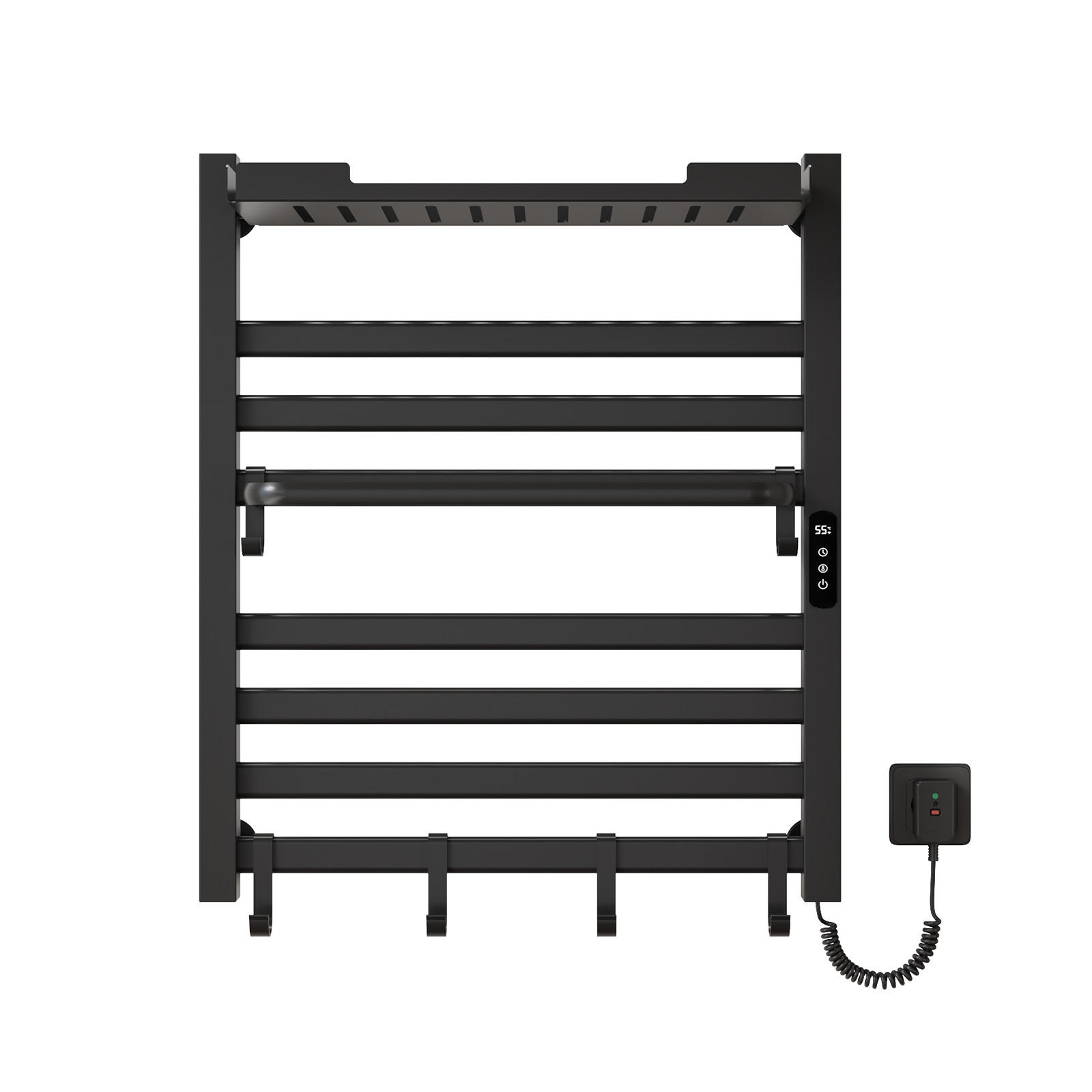 HANDTUCHHEIZKÖRPER 70/60 cm Schwarz elektrisch 233 W mit WLAN, Ablage und 6 Haken - Schwarz, Metall (60/70/20cm) - S'AFIELINA