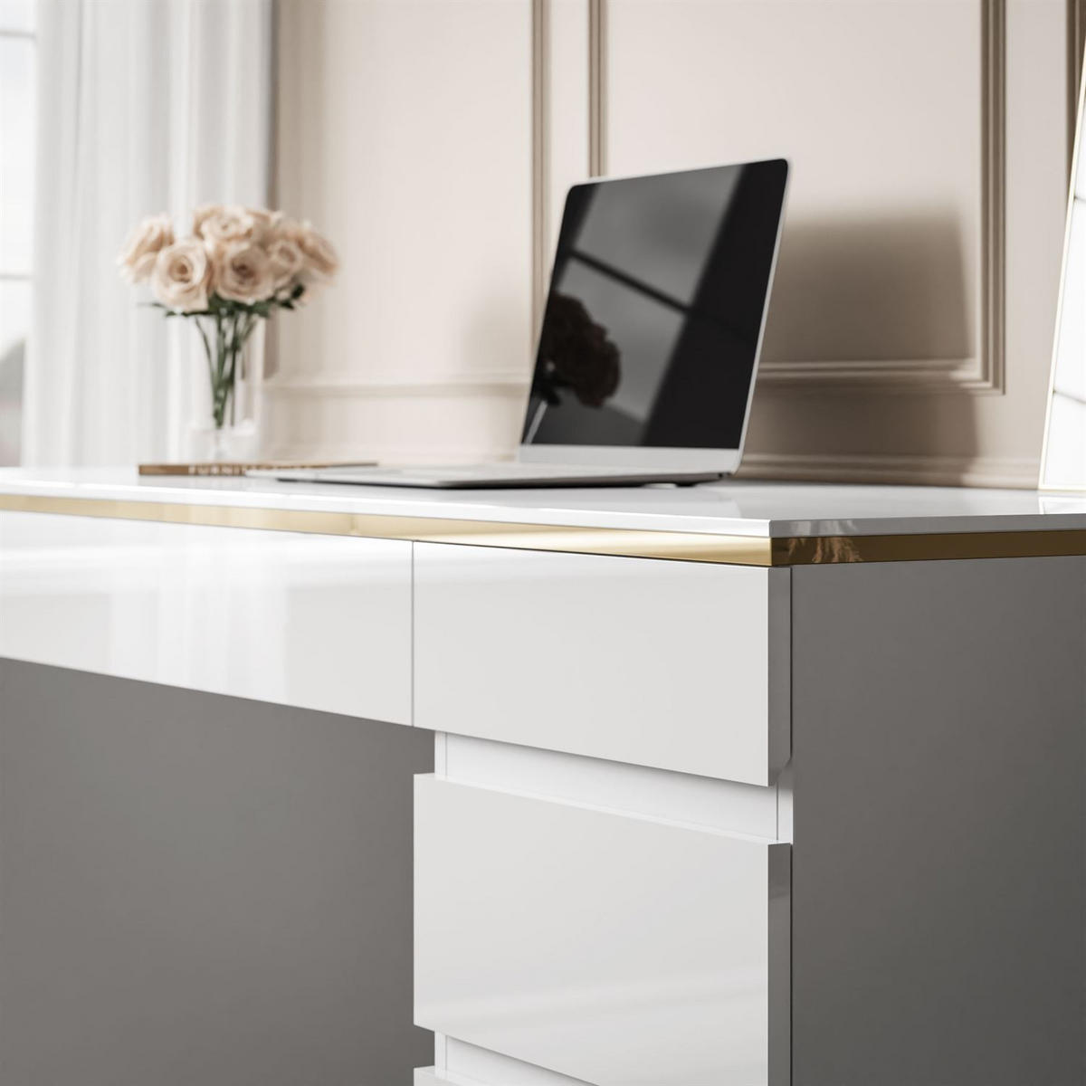 SCHREIBTISCH AURORA DOUBLE GOLD mit Schubladen - Weiß, Holzwerkstoff (55/156.8/79.2cm) - Lookway