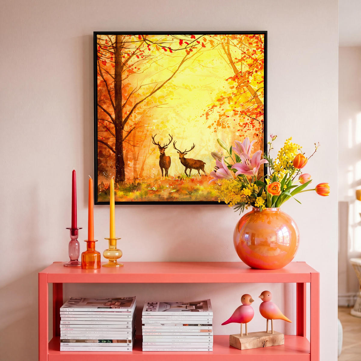 LEINWAND Bilder mit Rahmen - Natur - Ölfarbe - Hirsche - Tiere - Herbst - Orange - 50x50 - Orange, Textil (50/50cm) - MuchoWow