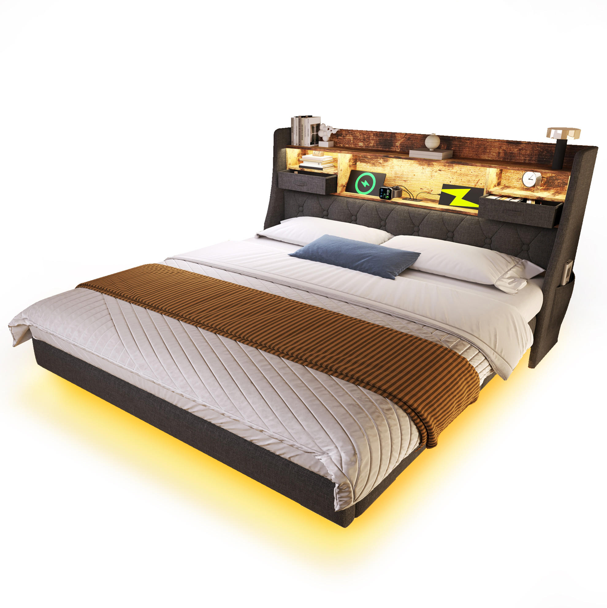 POLSTERBETT 140/190 cm mit LED-Beleuchtung, USB- und Type-C-Anschluss, Stauraum-Kopfteil aus Leinen, Grau - Grau, Textil (140/190cm) - Redom