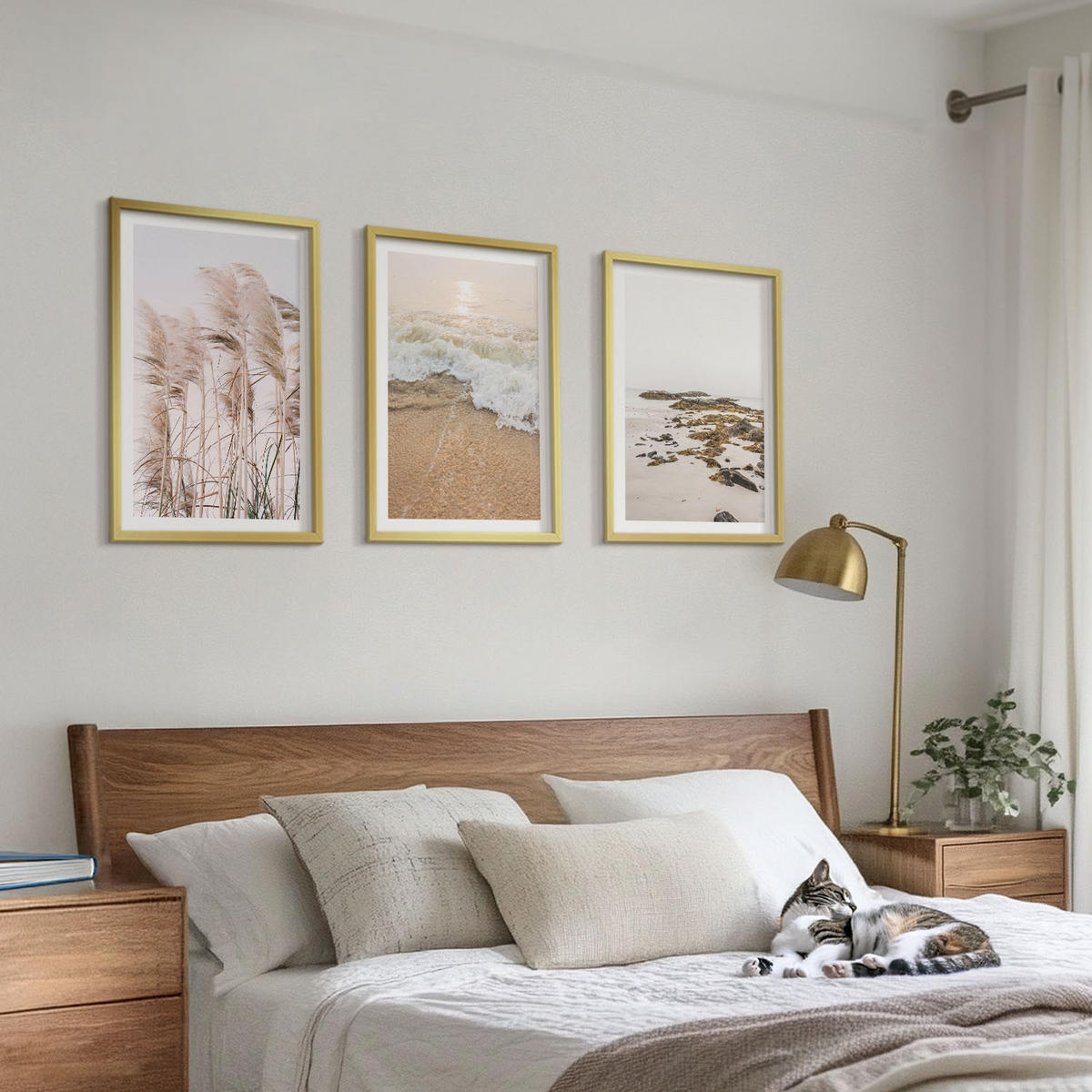 WANDBILDER 3er Set - 40x60 cm Goldrahmen - Strandgras, Wellen, Steine, Boho-Stil - Goldfarben, Kunststoff (40/60cm) - ArtPrintCave