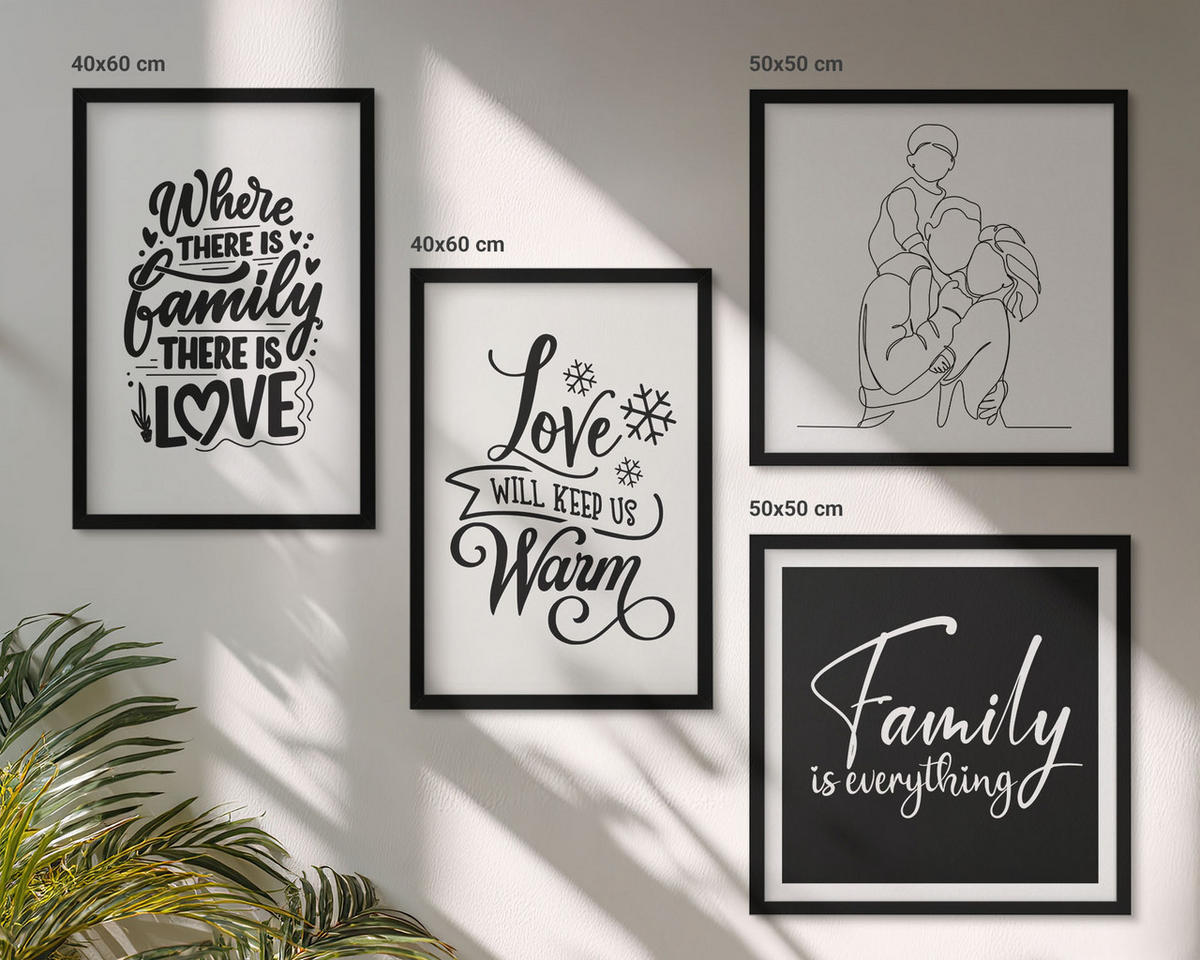 BILDER SET 4er Set - 50x50 cm & 40x60 cm Schwarzer Rahmen - Familie, Liebe, Wärme, Zuhause - Schwarz, Kunststoff (50/50cm) - TULUP