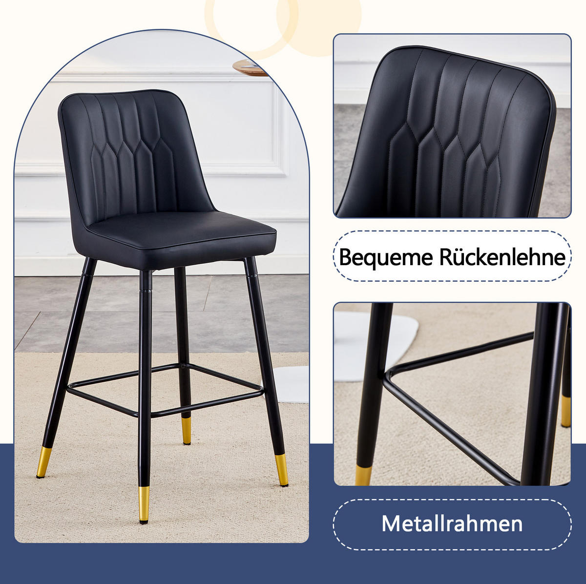 BARHOCKER 2er-Set 100 cm Schwarz mit Rückenlehne - Schwarz, Metall (45/100/42cm) - MIVRAY