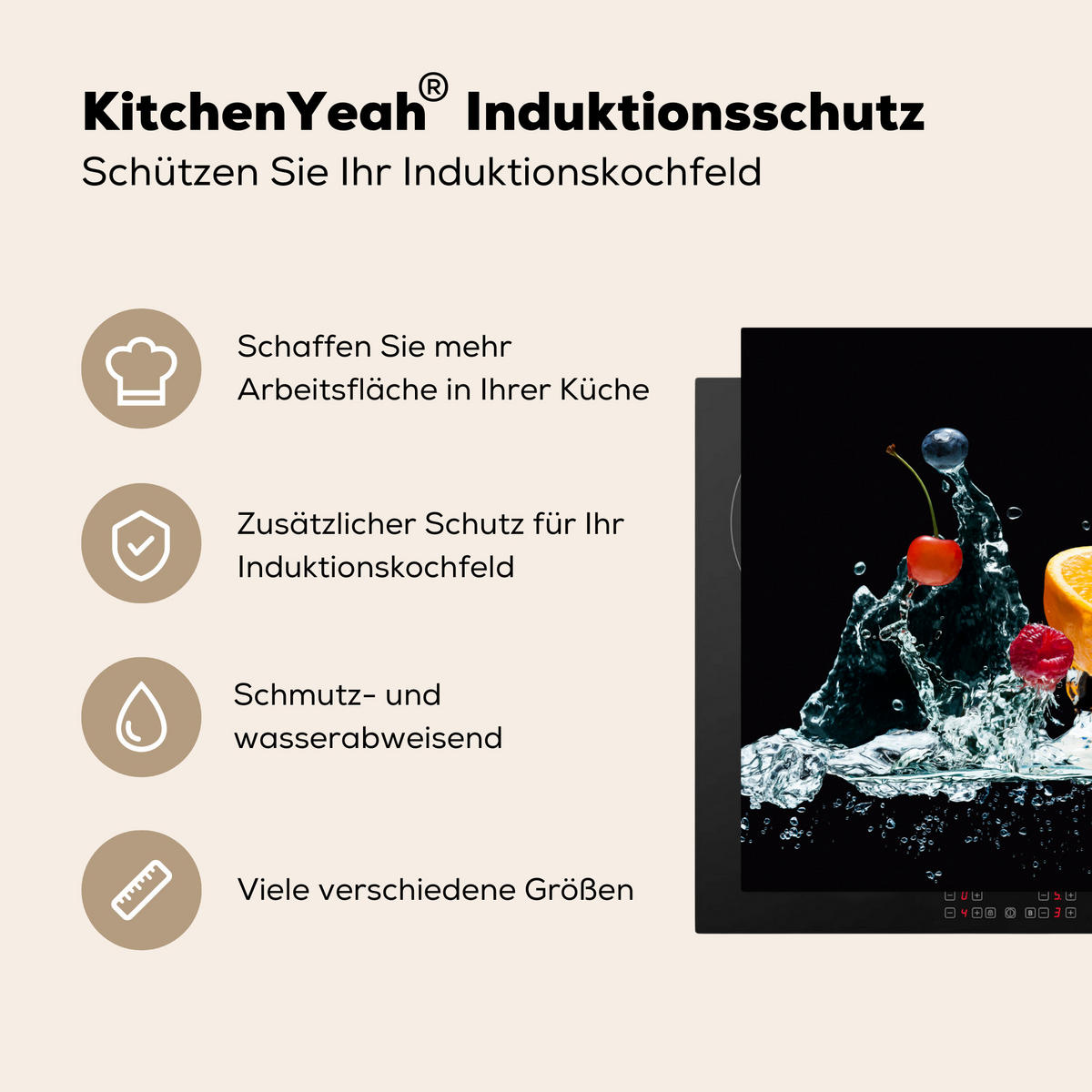 HERDABDECKPLATTE Wasser - Obst - Orange - Erdbeere - Kirsche - Schwarz 70x52 cm - Orange, Kunststoff (70/52/0.2cm) - MuchoWow