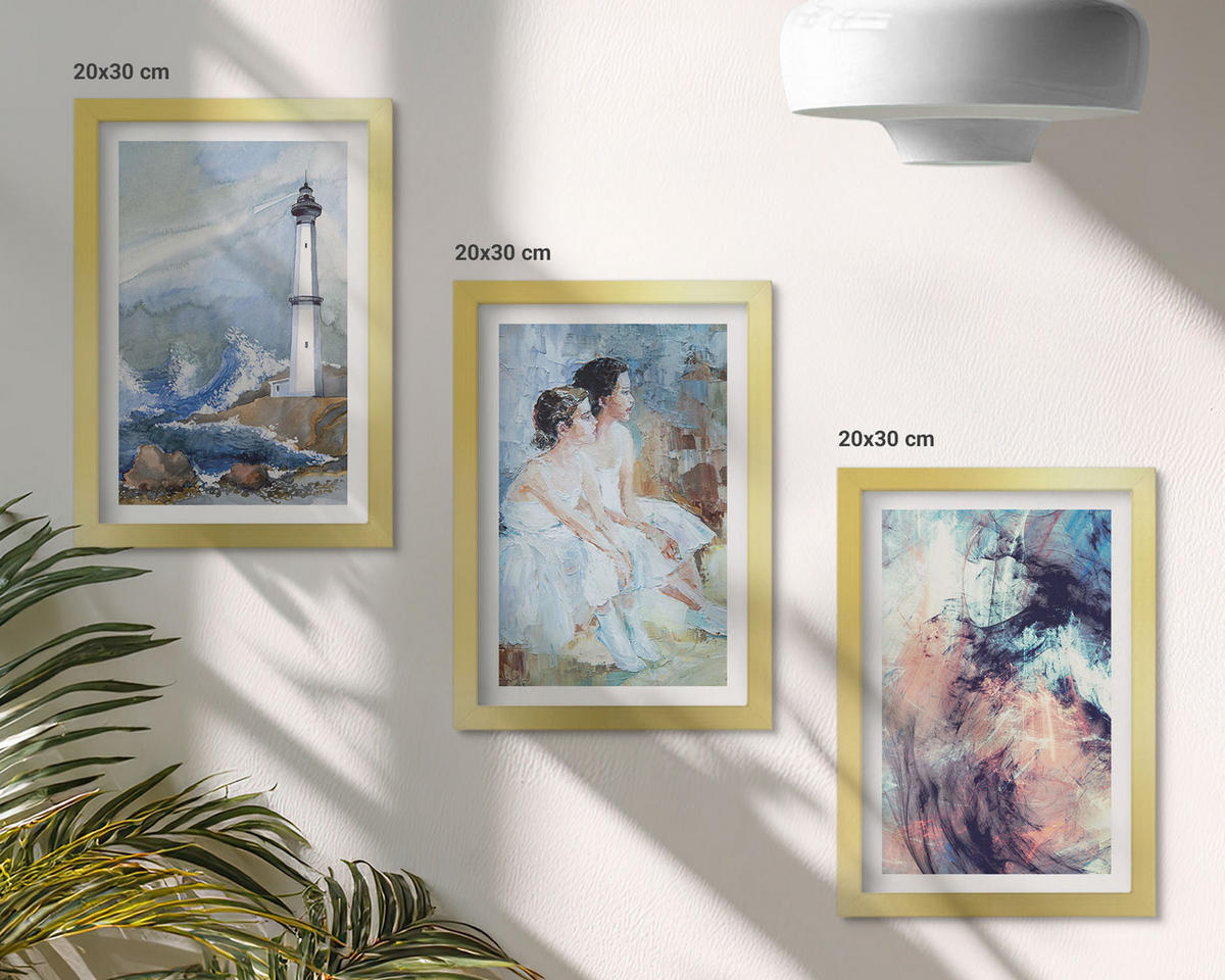 WANDBILDER 3er Set - 20x30 cm Goldrahmen - Leuchtturm-Abstrakte Tänzerin - Goldfarben, Kunststoff (20/30cm) - ArtPrintCave