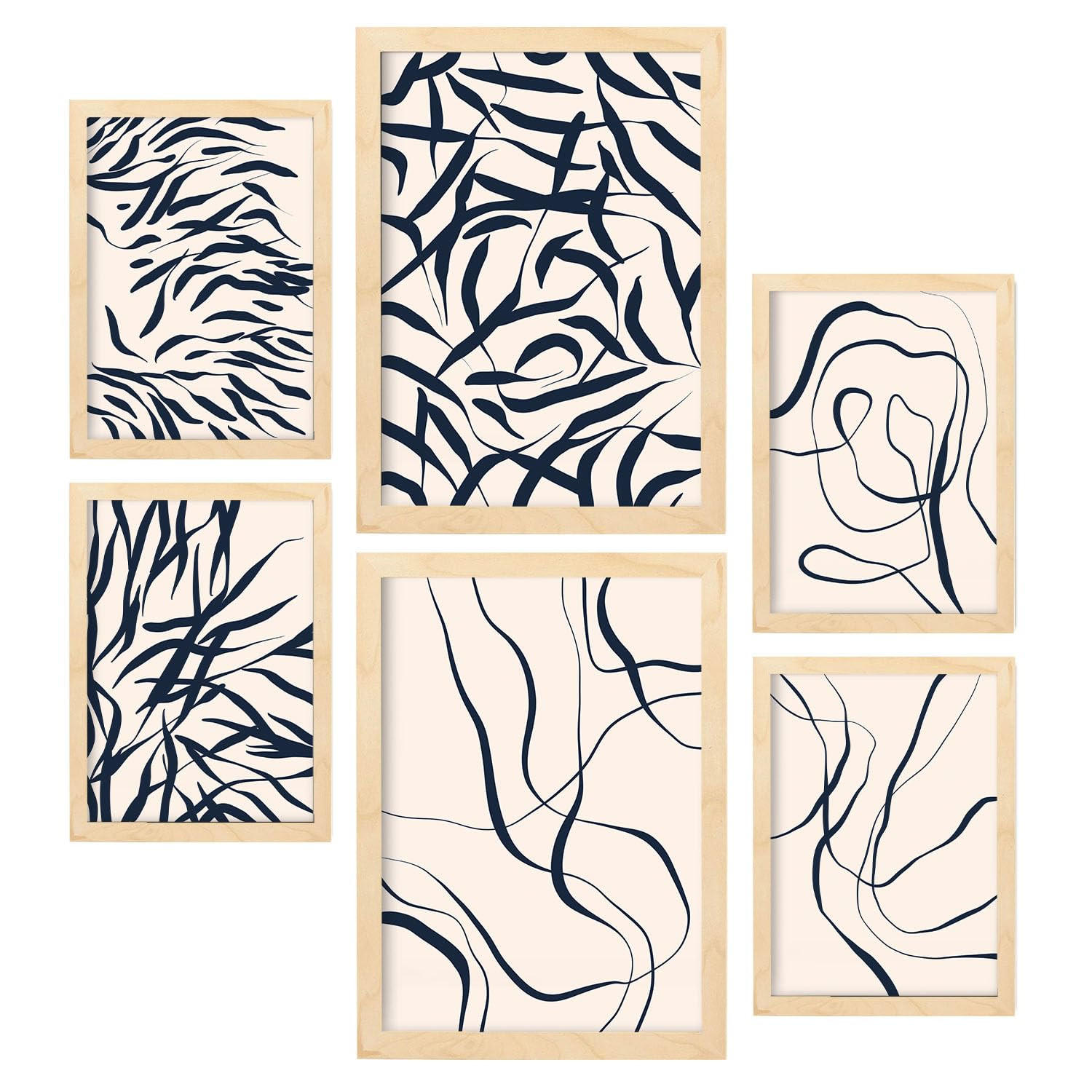 POSTER Set Mit 6 Formabstrakte Ästhetische Dekobilder Für Ihr Wohnzimmer, Schlafzimmer Oder Zuhause A3 & A4 Rahmen Aus Hellem Holz - Beige, Papier (29/3cm) - Nacnic