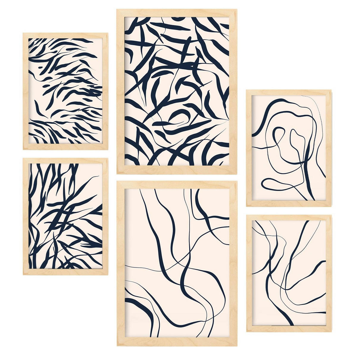 POSTER Set Mit 6 Formabstrakte Ästhetische Dekobilder Für Ihr Wohnzimmer, Schlafzimmer Oder Zuhause A3 & A4 Rahmen Aus Hellem Holz - Beige, Papier (29/3cm) - Nacnic