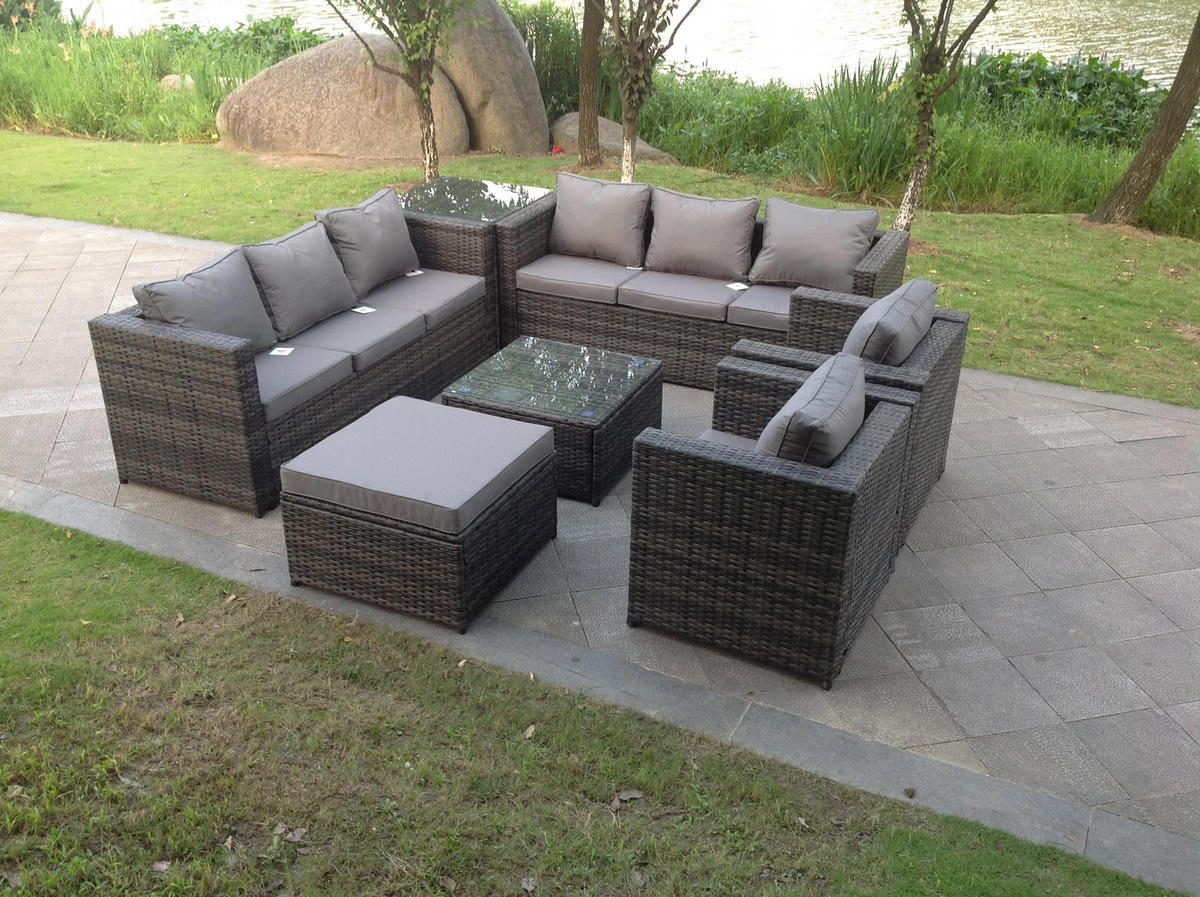 GARTENMÖBELSET mit Couchtisch Polyrattan 9-Sitzer - Dunkelgrau/Grau, Glas/Kunststoff - Fimous