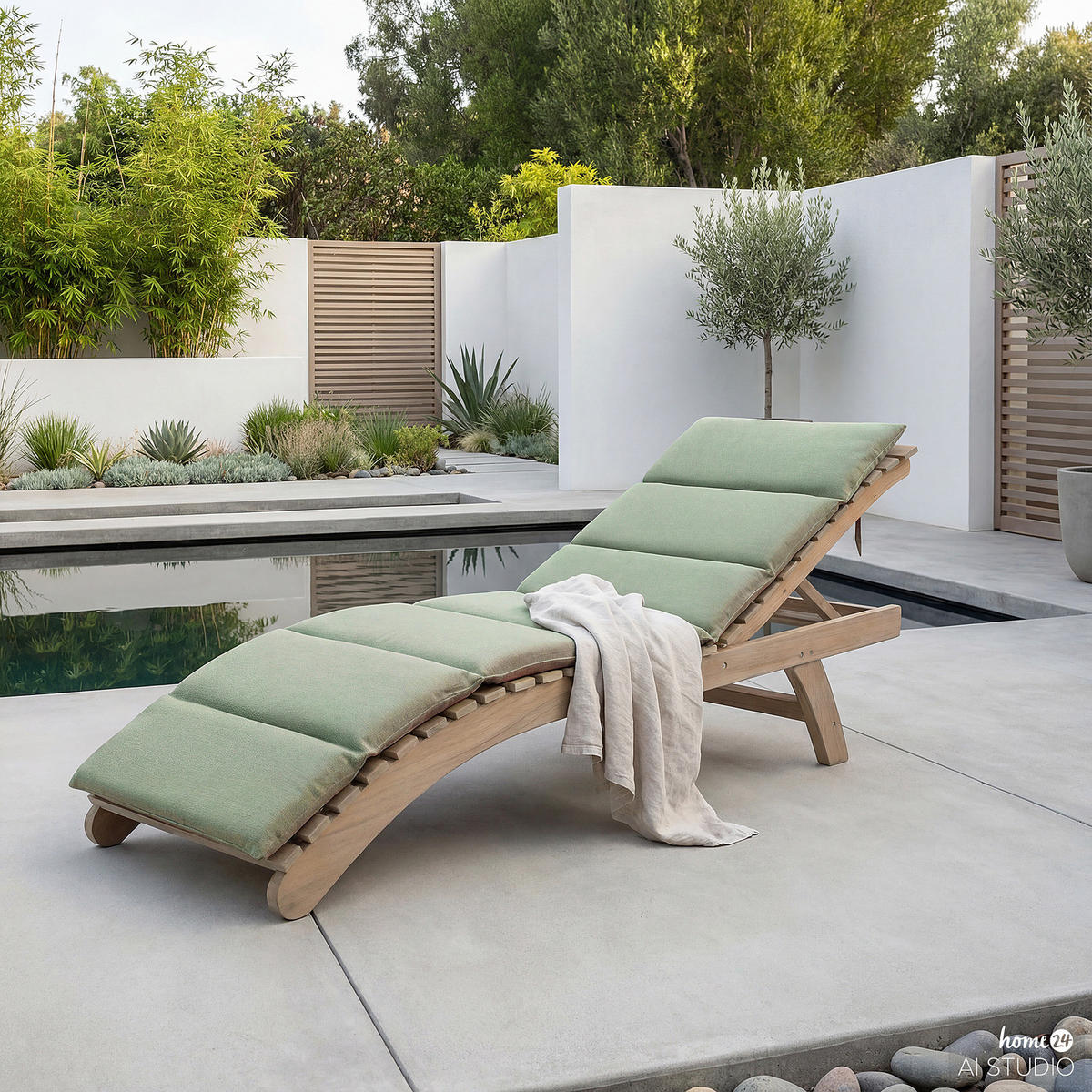 GARTENLIEGE - Akazie massiv / Webstoff - Braun / Salbei - Salbeigrün, Holz/Textil (54/79/175cm) - home24