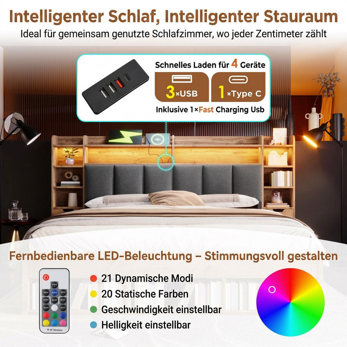 POLSTERBETT 160/200 cm Eiche mit LED-Beleuchtung, USB- und Type-C-Anschlüssen und Rollschubladen - Eichefarben, Holz (160/200cm) - Oxeza