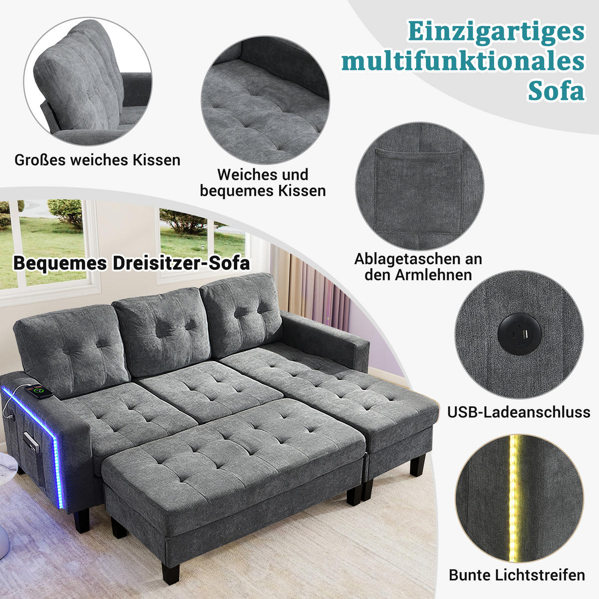 SCHLAFSOFA 185/135/85 cm Antikgrau mit beweglicher Fußbank und LED-Ambiente-Beleuchtung - Dunkelgrau, Textil (185/85/135cm) - Oxeza