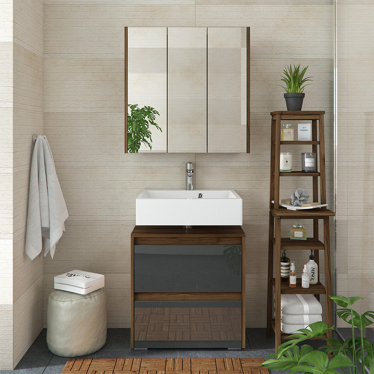 KOUPELNOVÁ ZRCADLOVÁ SKŘÍŇKA Majest Antracitový vysoký lesk - barva vlašského ořechu, kompozitní dřevo (67.4/68/17cm) - Vicco