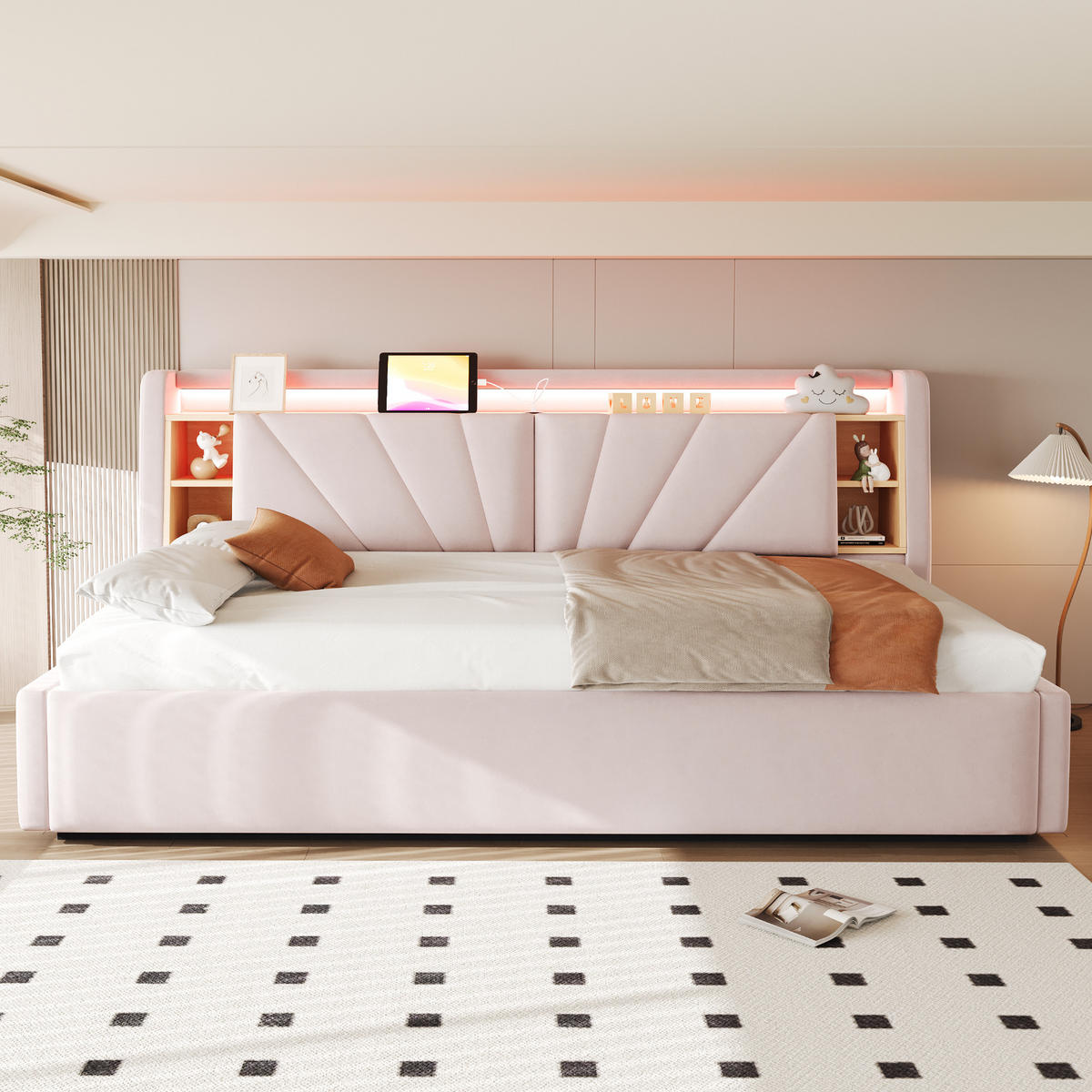 POLSTERBETT 90*200 cm mit LED, USB und Stauraum, Rosa - Pink, Textil (90/200cm) - FLIEKS
