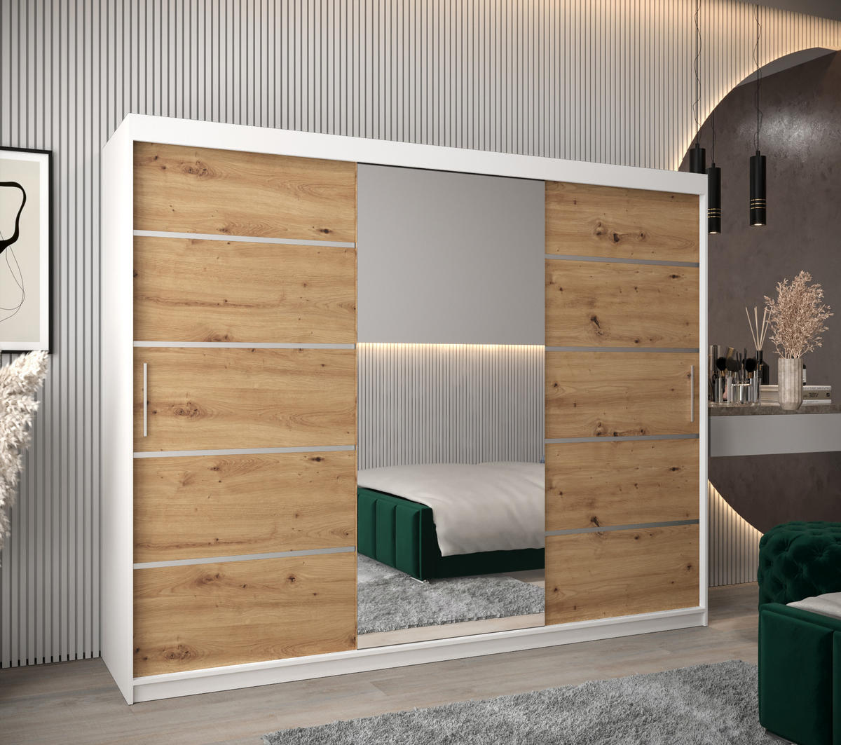 SCHWEBETÜRENSCHRANK 200/250/62 3-türig - Silberfarben/Eiche Artisan, Holz/Kunststoff (250/200/62cm) - Abiks Möbel