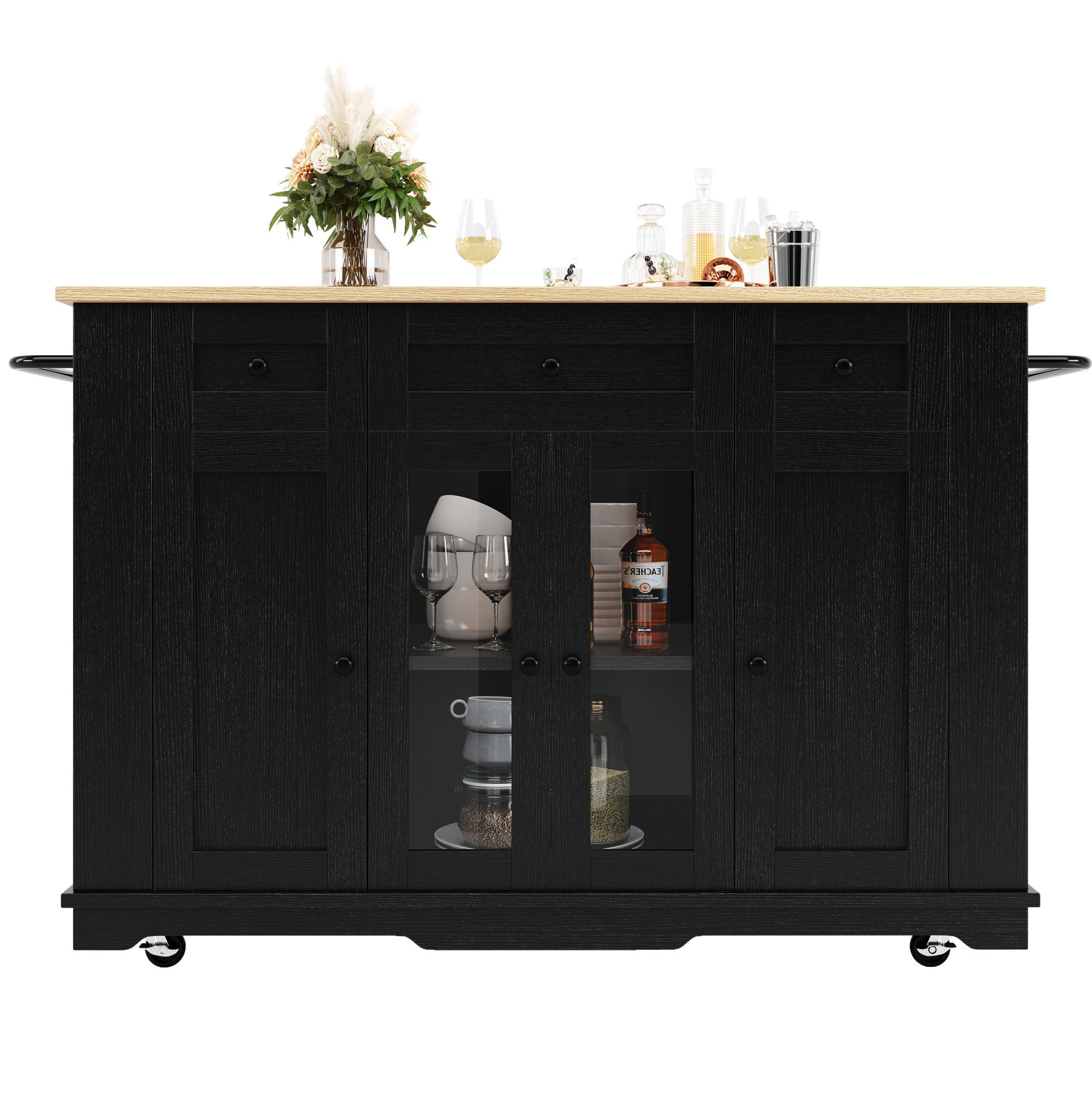 OKWISH KUCHYŇSKÝ ostrůvek 151,5/85/91,7 cm černá a přírodní z MDF, kovu a skla s výklopnou deskou