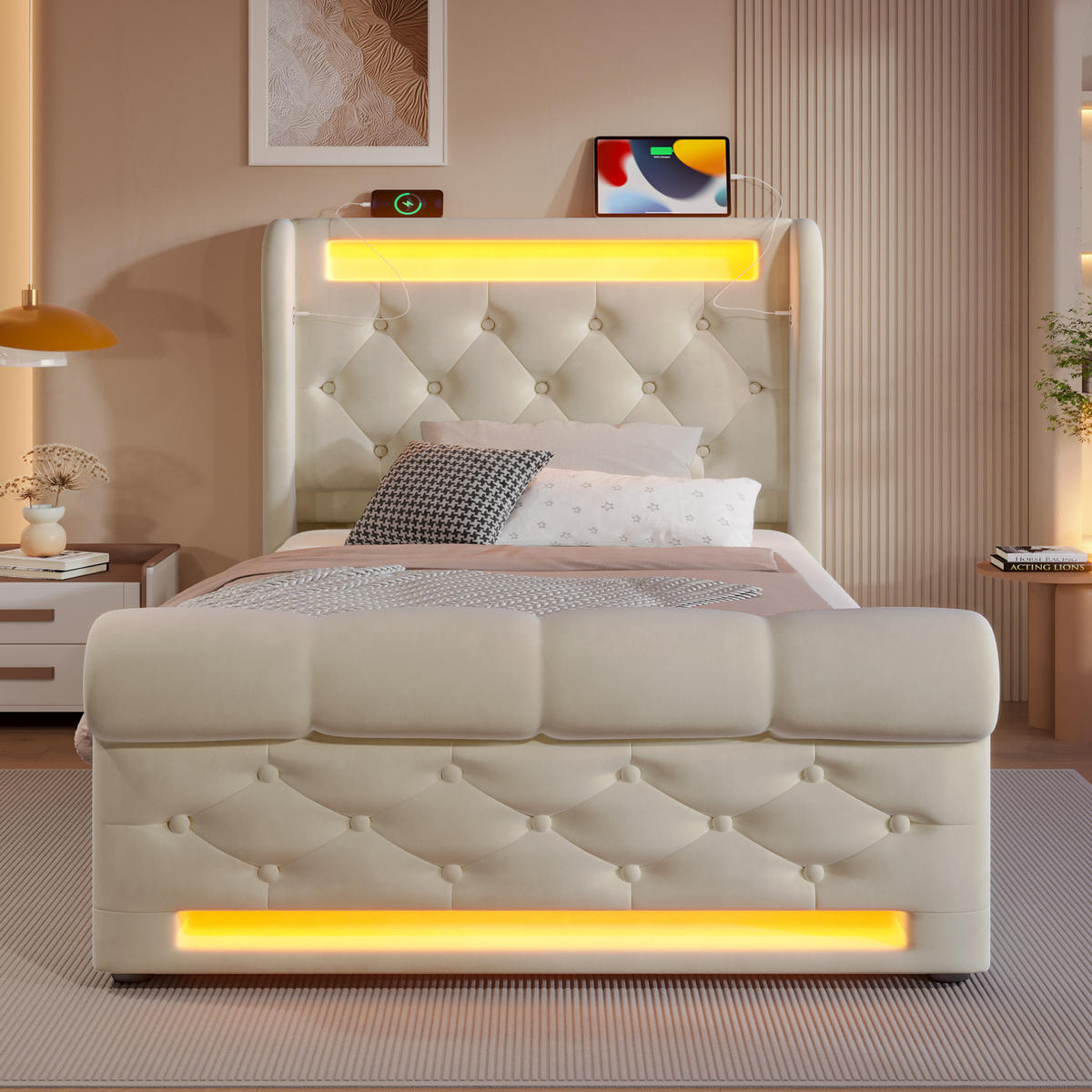 POLSTERBETT 90/200 cm mit LED-Beleuchtung, USB- und Type-C-Anschluss, hydraulischem Stauraum und Samtbezug, Beige - Beige, Textil (90/200cm) - Redom