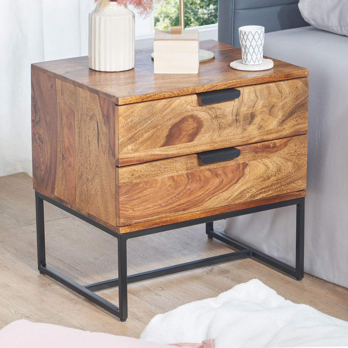 NACHTTISCH – Massivholz/Eisen, 50x40x51 cm, 2 Schubladen, Industrial-Stil - Schwarz/Braun, Holz/Metall (50/51/40cm) - KADIMA DESIGN