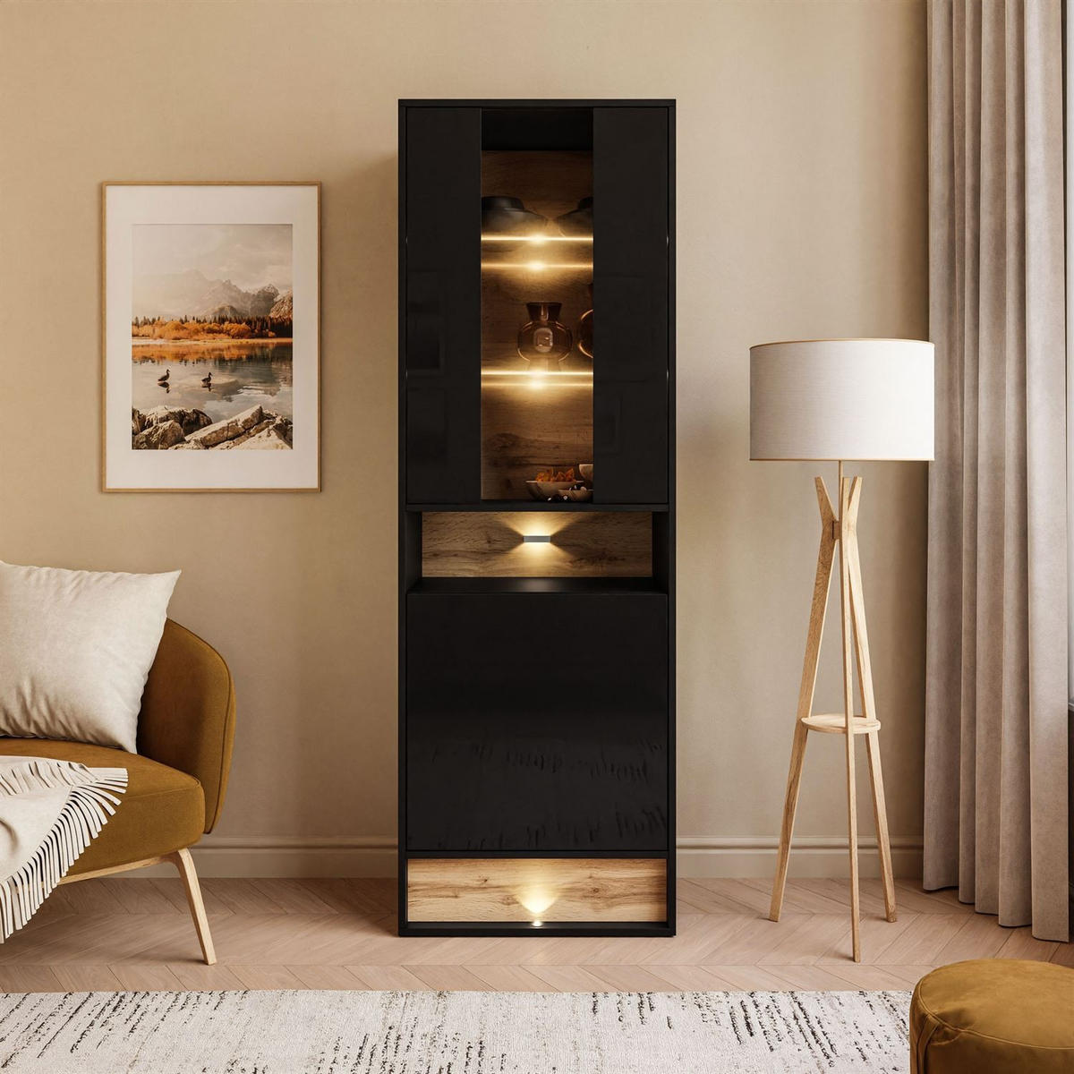 VITRINE VILLA II mit Wotan Eicheneinsatz - Eiche Wotan/Schwarz, Holzwerkstoff (60/180/40cm) - Lookway