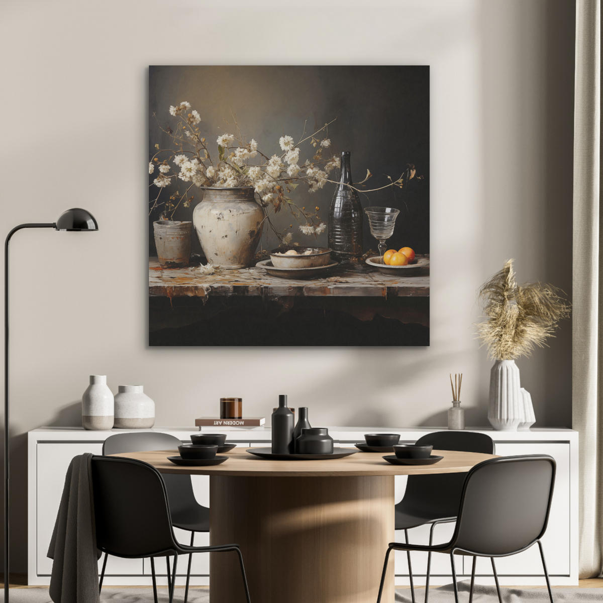 AKUSTIKPANEEL Stilleben - Blumen - Blumenstrauß - Vase - Wein 90x90 cm - Schwarz, Textil (90/0.9/90cm) - MuchoWow