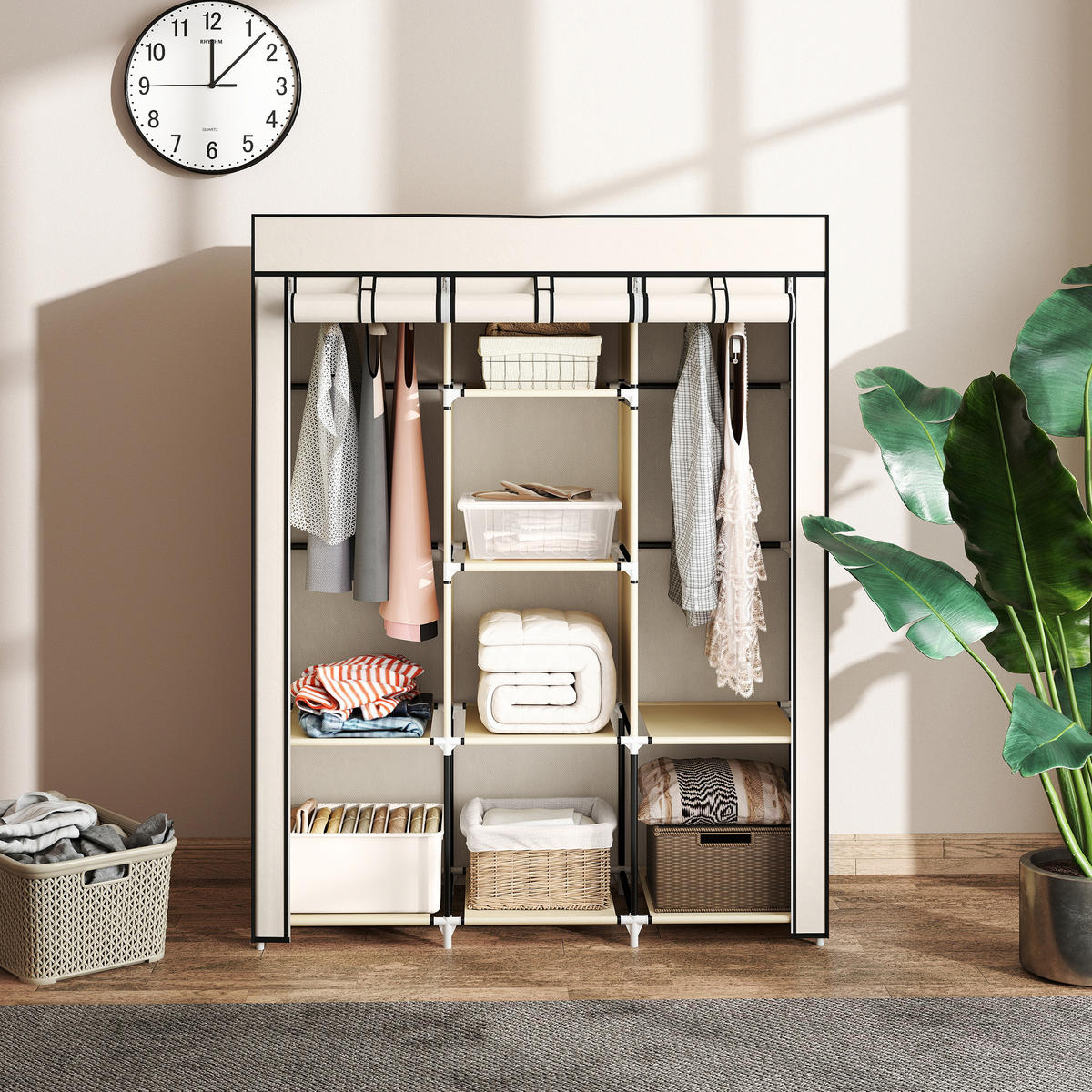 STOFFSCHRANK mit 8 Regalen und 2 Kleiderstangen, praktische Aufbewahrungslösung für Kleidung, Cremeweiß - Creme, Metall (125/162.5/43cm)