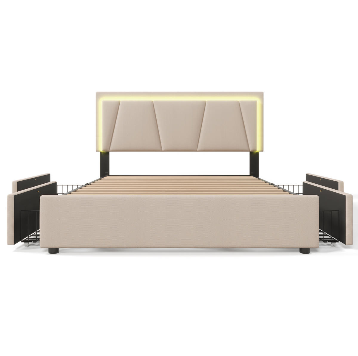POLSTERBETT aus Leinen 160x200 cm in Beige mit LED-Beleuchtung & Matratze - Beige, Textil (160/200cm) - Modfu