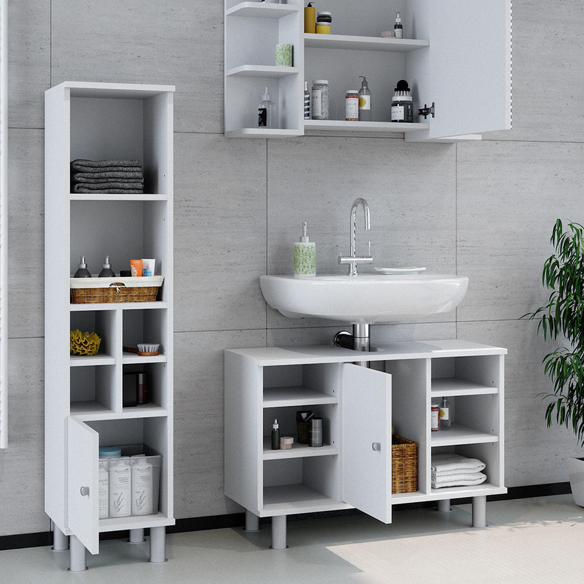 BADMÖBEL-SET Fynn Weiß 3 Teile, mit Midischrank Tür klein - Weiß, Holzwerkstoff (60/54/32cm) - Vicco