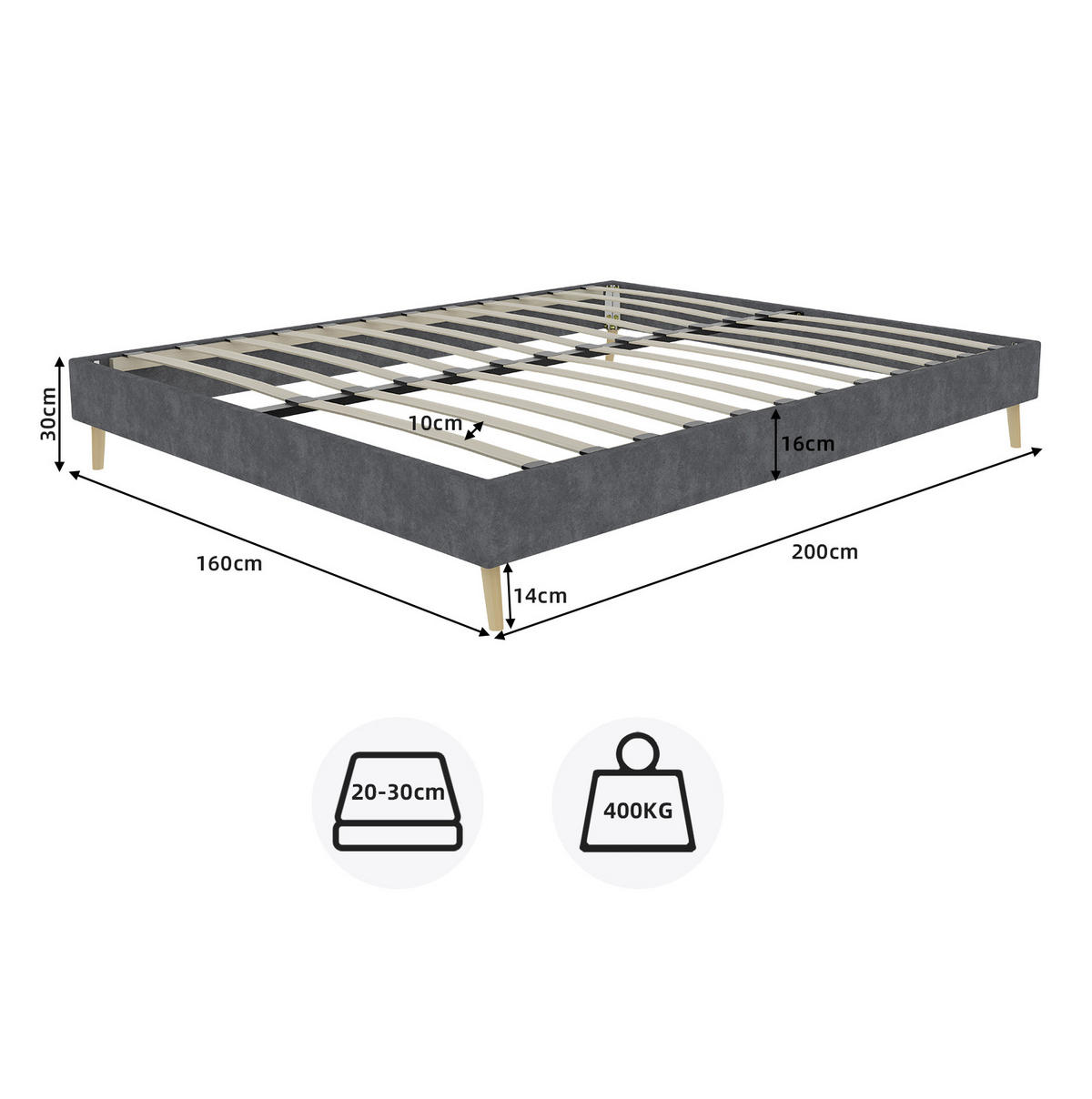 POSTEĽ 160/200 cm sivá s pevným viacbodovým podopretím z látky a kovu - sivá, textil (160/200cm) - OKWISH