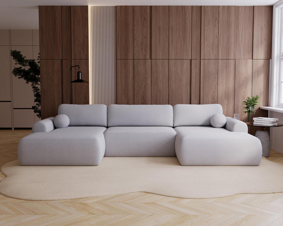 WOHNLANDSCHAFT Aurora Hellgrau, mit Schlaffunktion in Lambi Stoff - Hellgrau, Holzwerkstoff/Textil (344/92/177cm) - Bettso