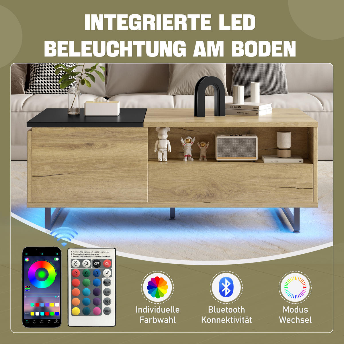 COUCHTISCH Natur Holzwerkstoff höhenverstellbar mit LED-Bodenlicht und vielfältigem Stauraum - Naturfarben, Holzwerkstoff (50/106.5/27.5cm) - Luhomfu