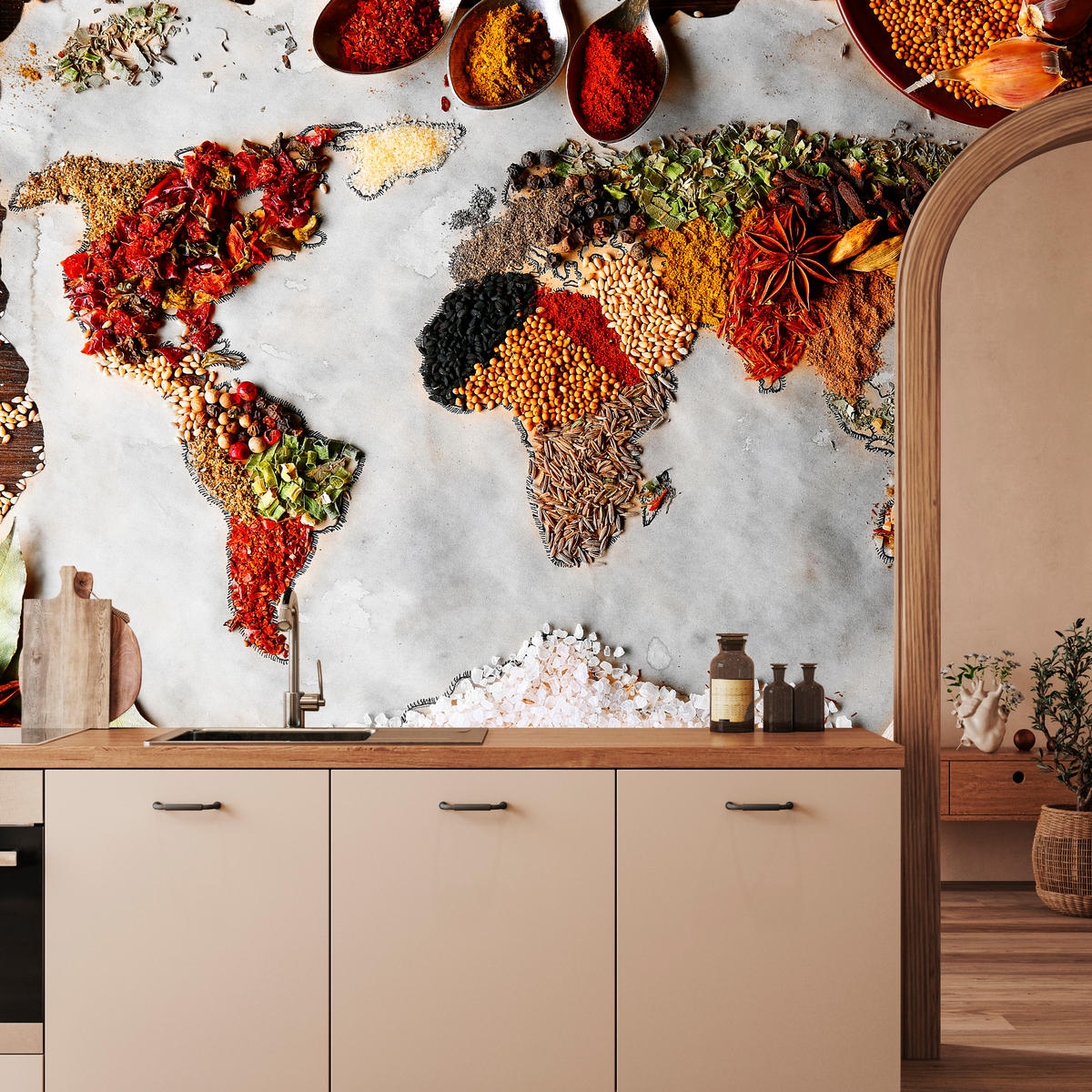 FOTOTAPETE für Küche Gewürz-Weltkarte Kulinarisch Kunst 350x256 - Beige/Gelb, Papier (350/256cm) - Muralo
