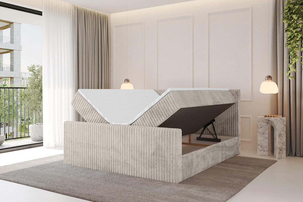 BOXBETT mit Matratze H3 und Lattenrost - TOLO-Z - 120x200 Cord - Creme - Creme, Holzwerkstoff (120/200cm) - ALTDECOR