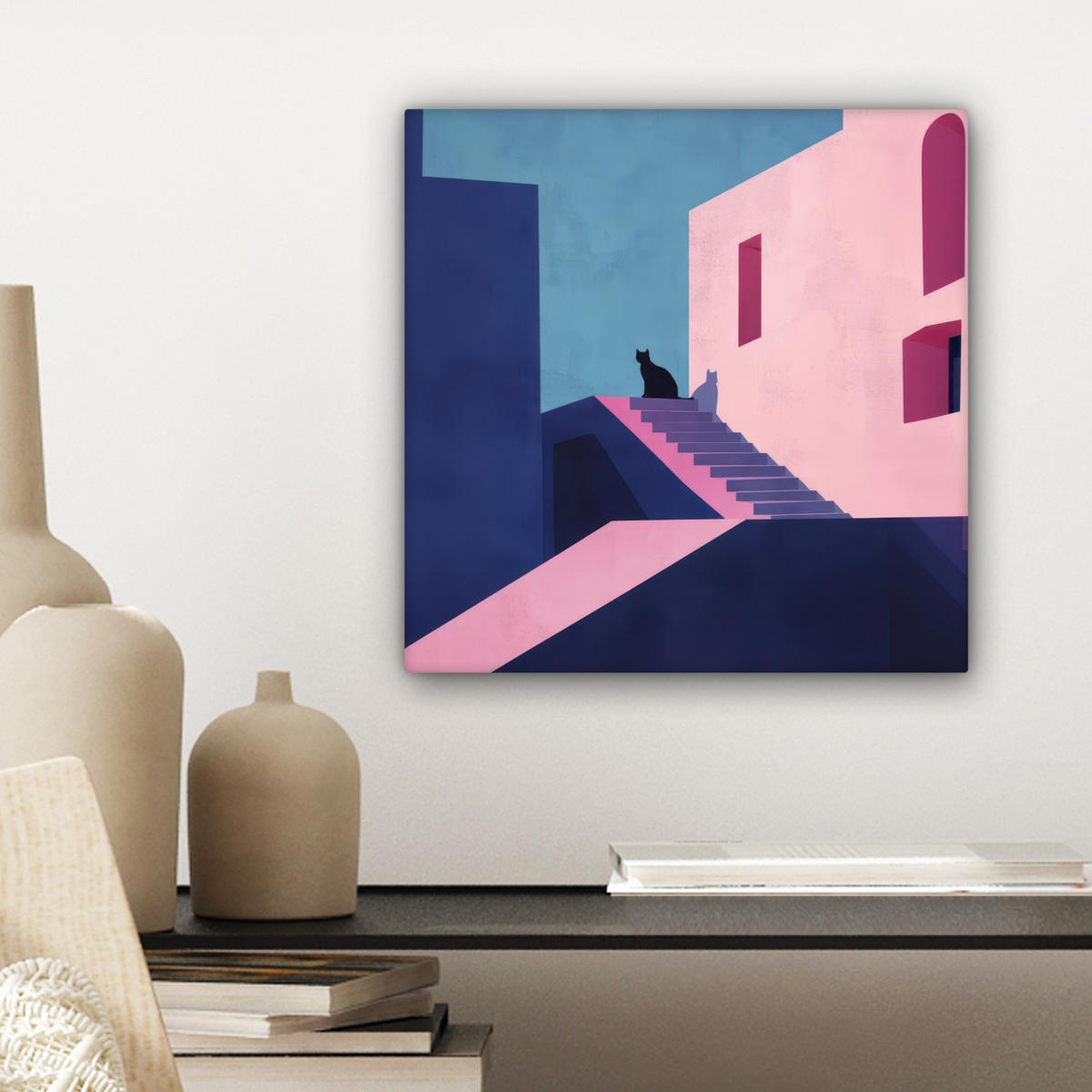 LEINWANDBILD Katze - Treppe - Gebäude - Schattenkontraste Deko Wohnzimmer 20x20 cm - Dunkelblau, Textil (20/20cm) - MuchoWow