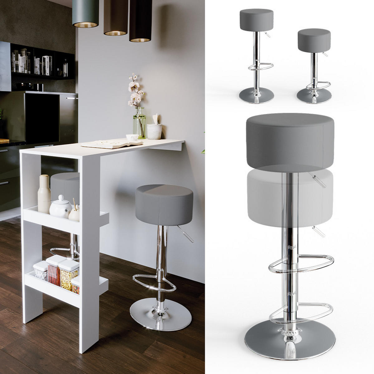 BARHOCKER 2ER SET Grau 33 x 92 cm 2 Teilig - Grau, Metall (33/92/33cm) - Vicco