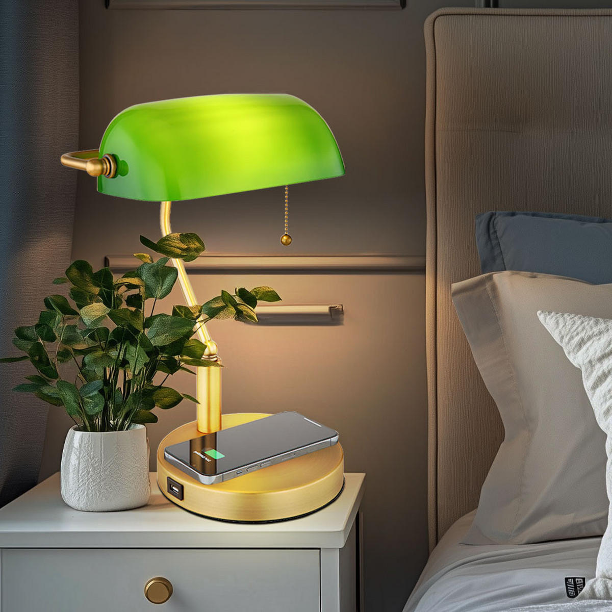 LED TISCHLEUCHTE Antique Messing Grün - Messingfarben, Glas (26.5/20/36cm) - Globo Lighting