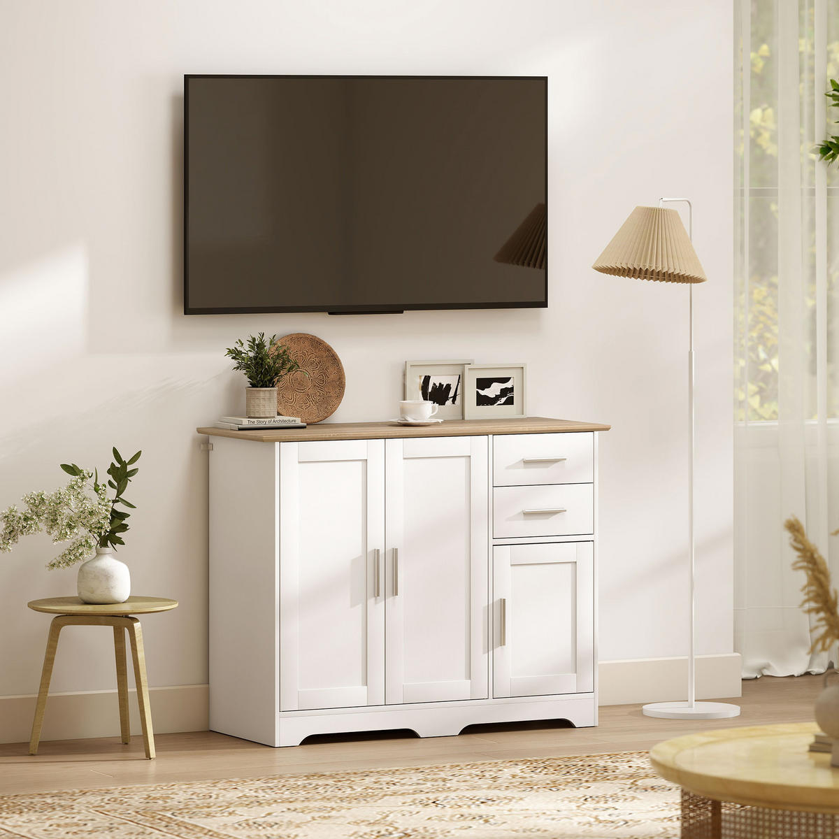 SIDEBOARD Weiß und Naturfarben, 2 Schubladen, 2 Türen, 100/40/78 cm - Weiß, Holz (100/78/40cm) - PANGIVO