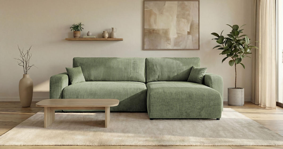 ROHOVÁ pohovka BERLIN pravá světle zelená manšestr Poso 47 - funkce spaní, úložný prostor - světle zelená, textil (285/184cm) - Cornero