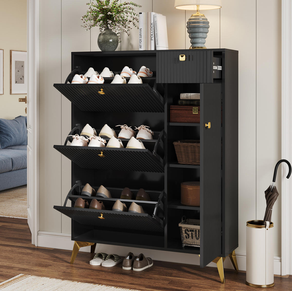 SCHUHSCHRANK 90/121/25 cm Schwarz aus Spanplatte und Metall mit Stauraum - Schwarz, Holzwerkstoff (90/121/25cm) - OKMYHOME