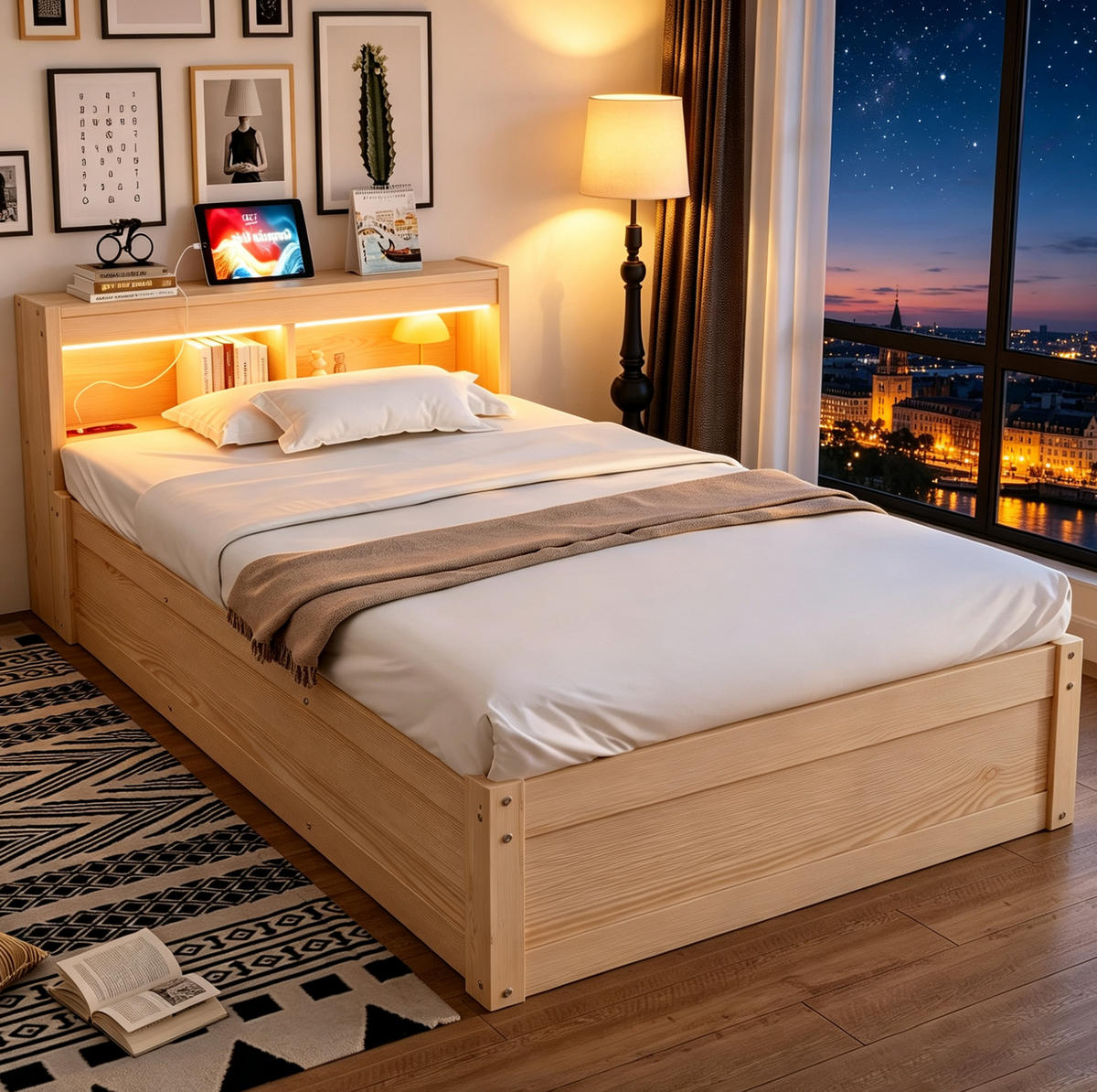 EINZELBETT aus Kiefernholz 90x200 cm Holzfarben mit hydraulischem Stauraum, LED-Beleuchtung und Steckdose - Naturfarben, Holzwerkstoff (90/200cm) - IVMEU