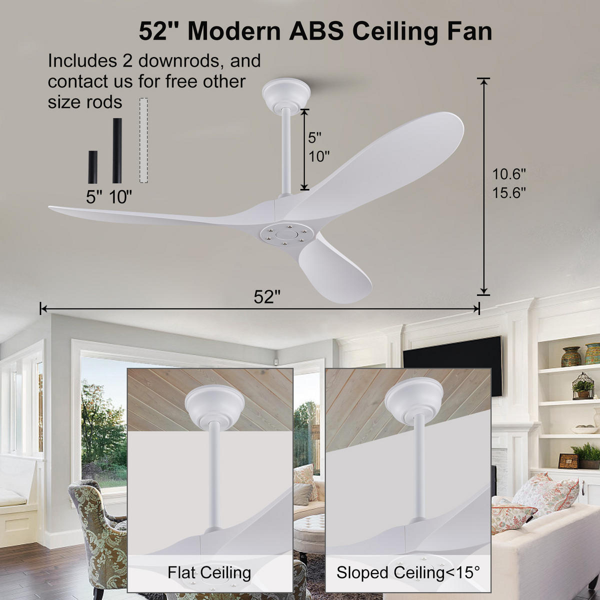 DECKENVENTILATOR 52Zoll Weiß Ohne Licht ABS Flügel DC Motor Timer - Weiß, Kunststoff (132/132/39cm) - CASIVA