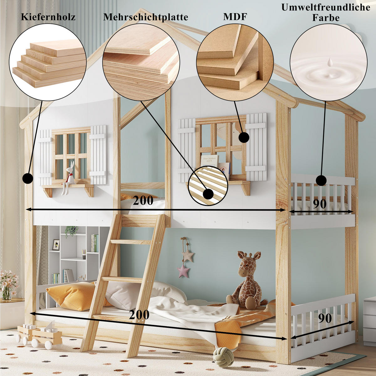ETAGENBETT 90/200 cm & 90/200 cm in Weiß & Natur mit Dach, Fenster und Leiter - Weiß/Naturfarben, Holz/Holzwerkstoff (90/200cm) - CHICFURN