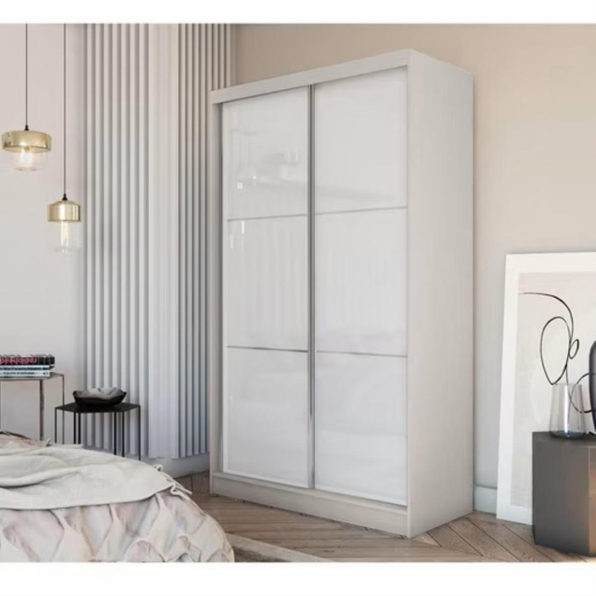 SCHWEBETÜRENSCHRANK Viva 120/216/61 kaschmir mit Lacobel-Glas und Schubladeneinsätze - Kaschmir, Holzwerkstoff (120/216/61cm) - Beautysofa