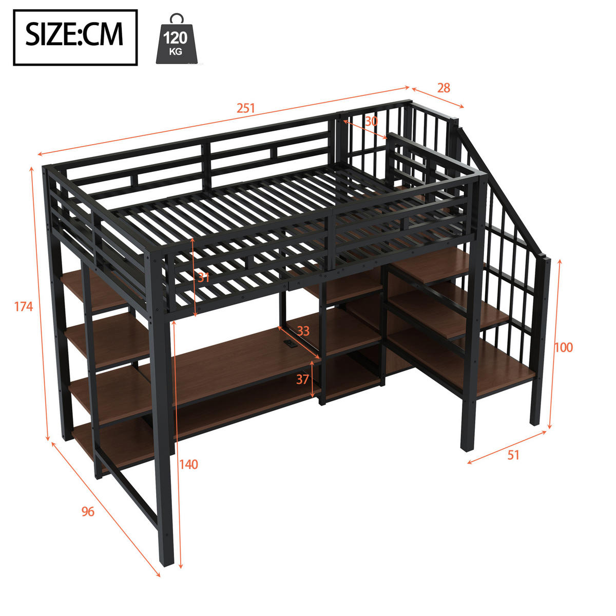 HOCHBETT aus Metall und MDF 90x200 cm Schwarz mit TV-Ständer, Steckdose und Aufbewahrungsleiter - Schwarz, Metall (90/190cm) - Modfu