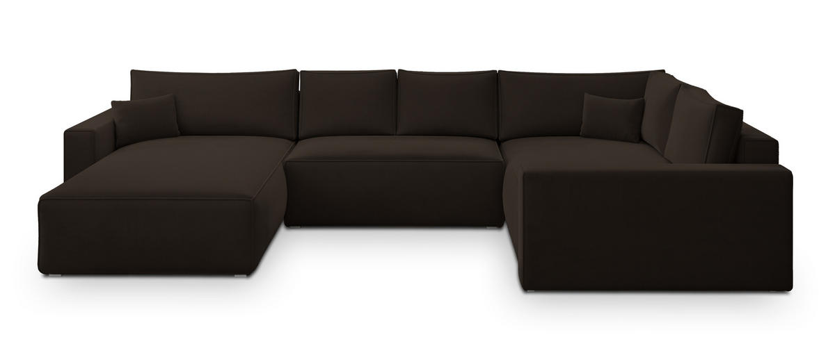 WOHNLANDSCHAFT VELAMI R-S Braun Velours-Stoff mit Schlaffunktion - Braun, Holz (365/83/194cm) - MASSENO