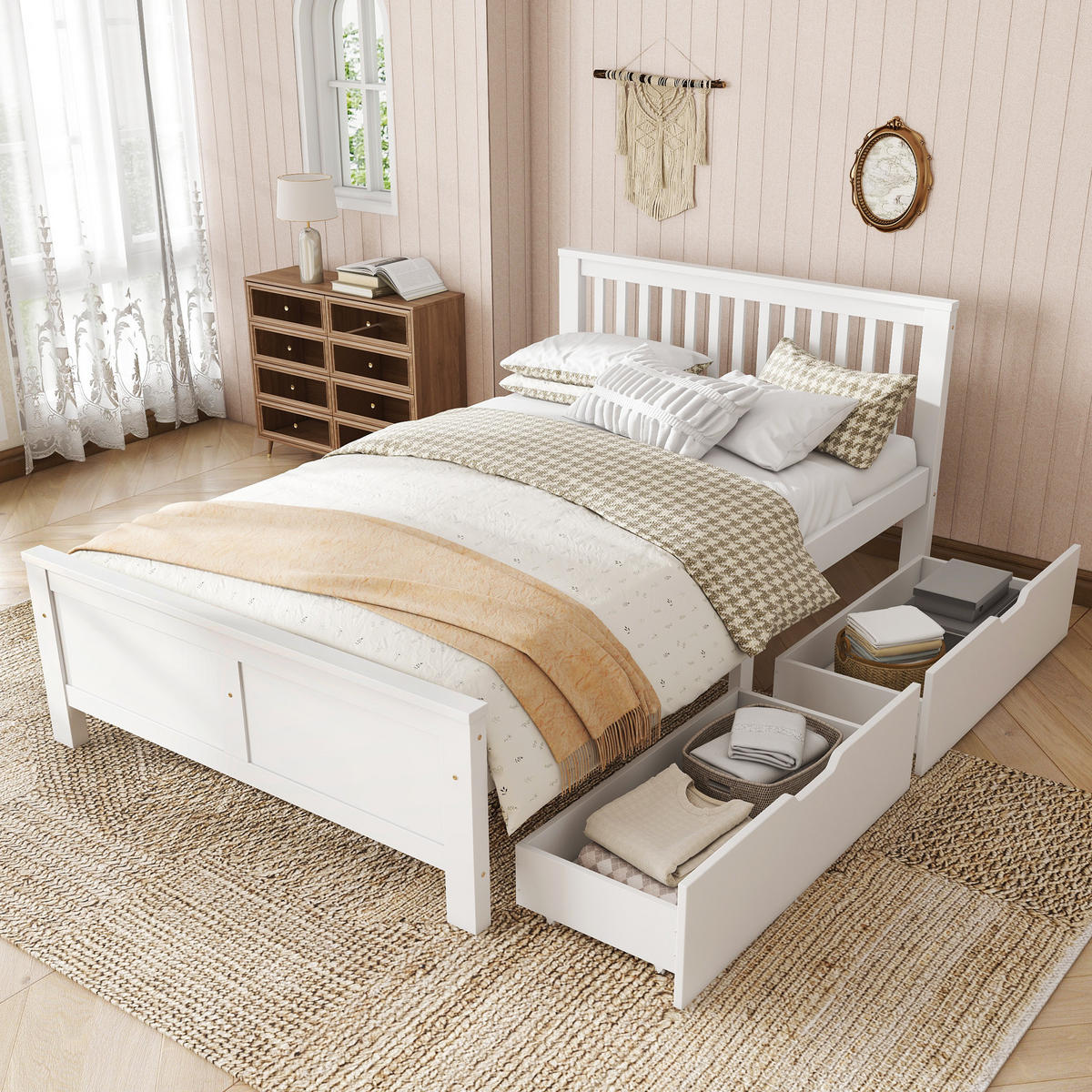BETT 140/200 cm in Weiß mit 2 Schubladen Kiefer-Massivholz klassisches Design - Weiß, Holzwerkstoff (140/200cm) - STILVORA