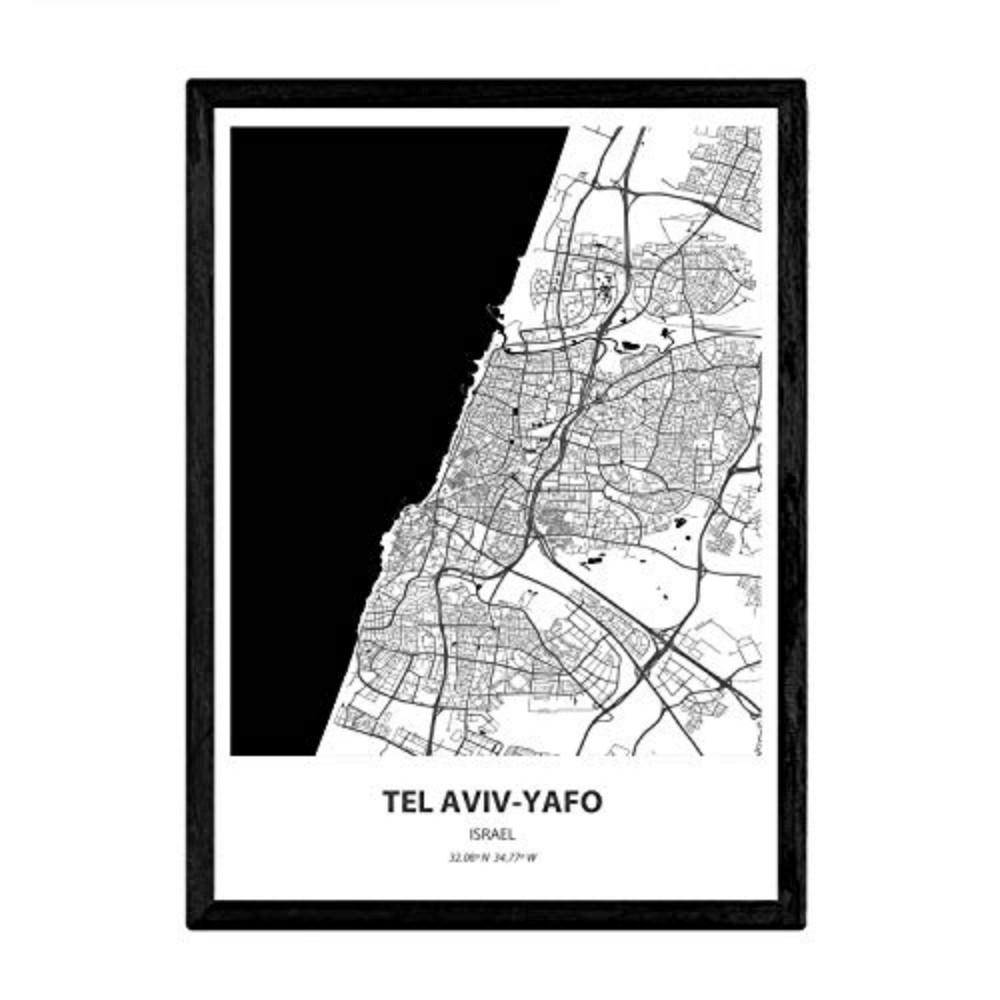 POSTER Karte Von Tel Aviv Yafo - Israel A4 Schwarzer Rahmen - Schwarz, Papier (29.7/5/21cm) - Nacnic