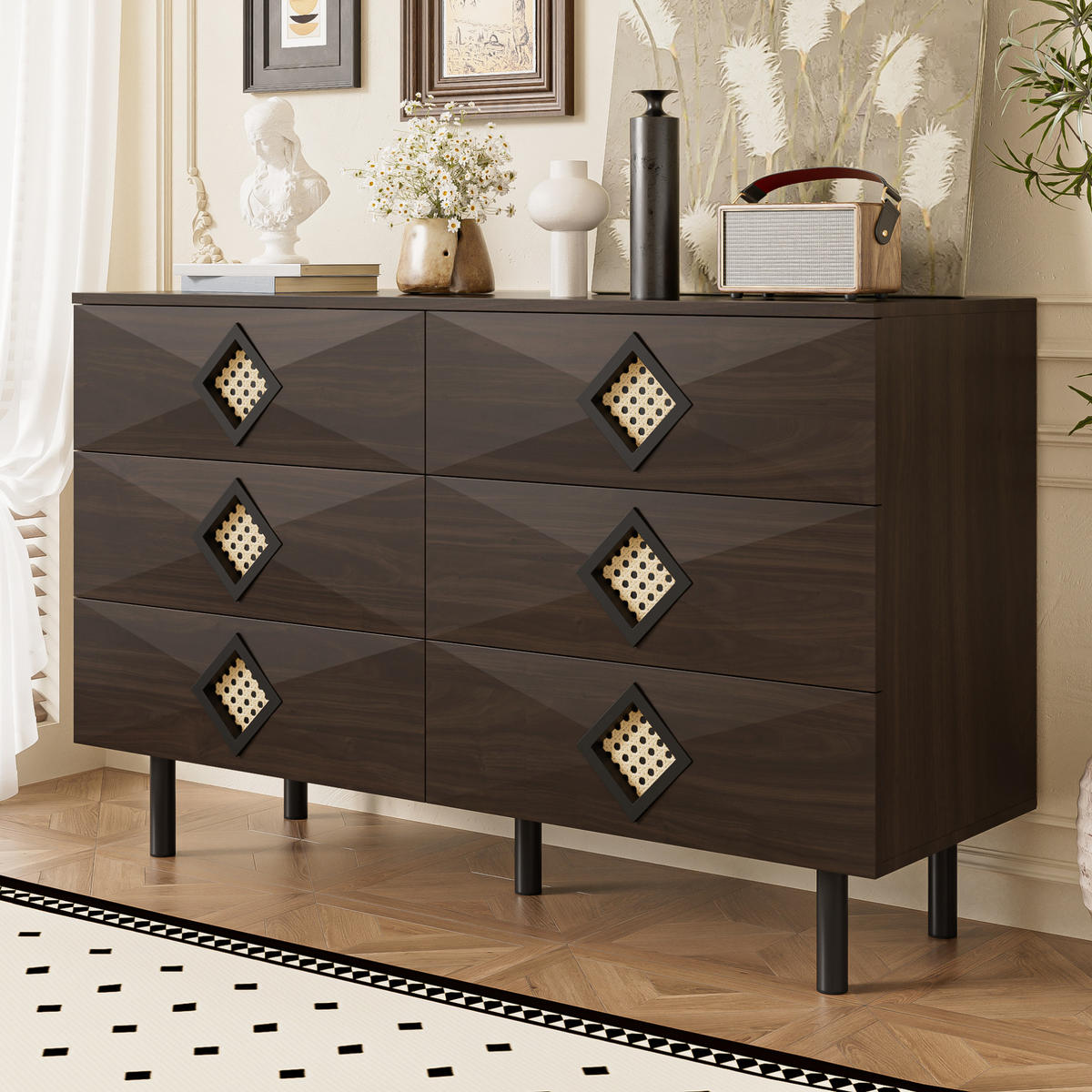 KOMMODE, 6 Schubladen, mit Rattan-Griffen und Metallbeinen – geräumig & modern, 120x40x74 cm, Walnussfarben - Naturfarben, Holzwerkstoff (40/74/120cm) - Modfu