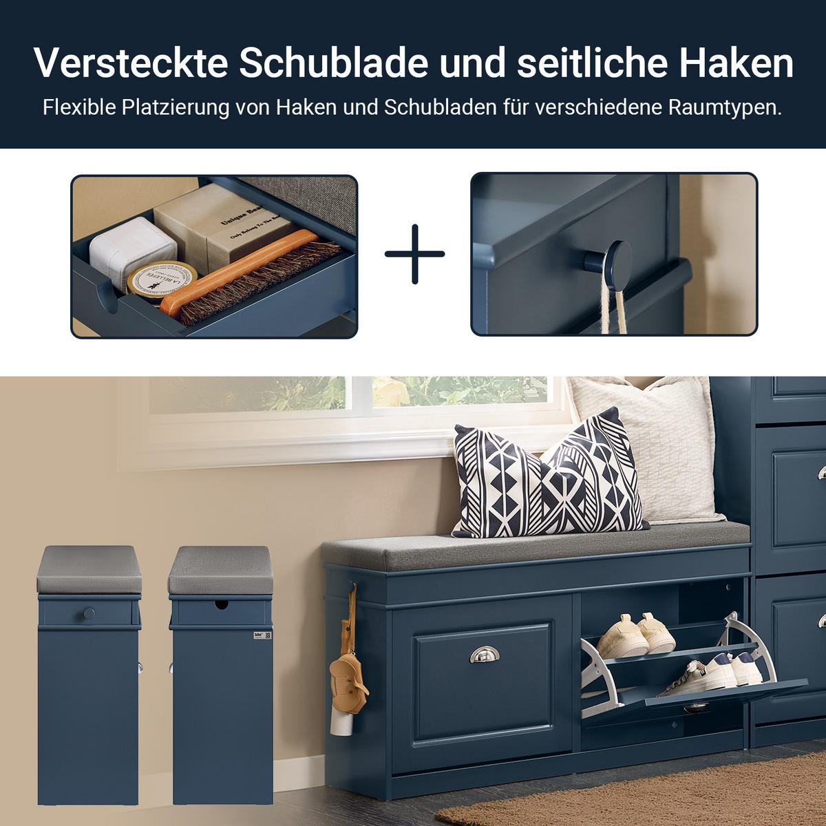 SCHUHBANK mit Sitzfläche und 2 Klappen, Blau - Blau, Holzwerkstoff (104/52/24cm) - SoBuy