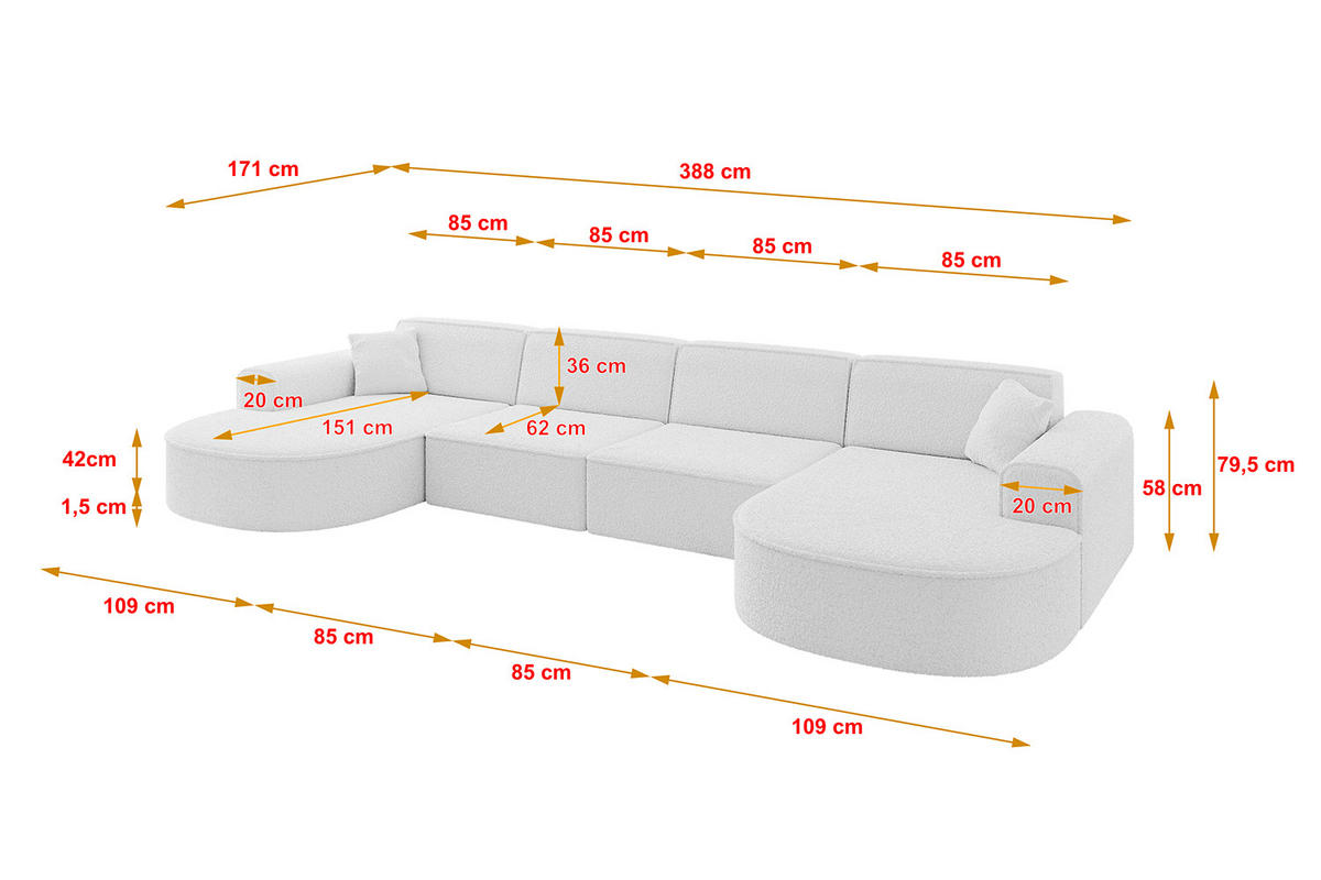 WOHNLANDSCHAFT MARI-U2 - 388x171x79 cm Weiß Bouclé - Schwarz/Weiß, Holzwerkstoff/Kunststoff (388/79/171cm) - ALTDECOR